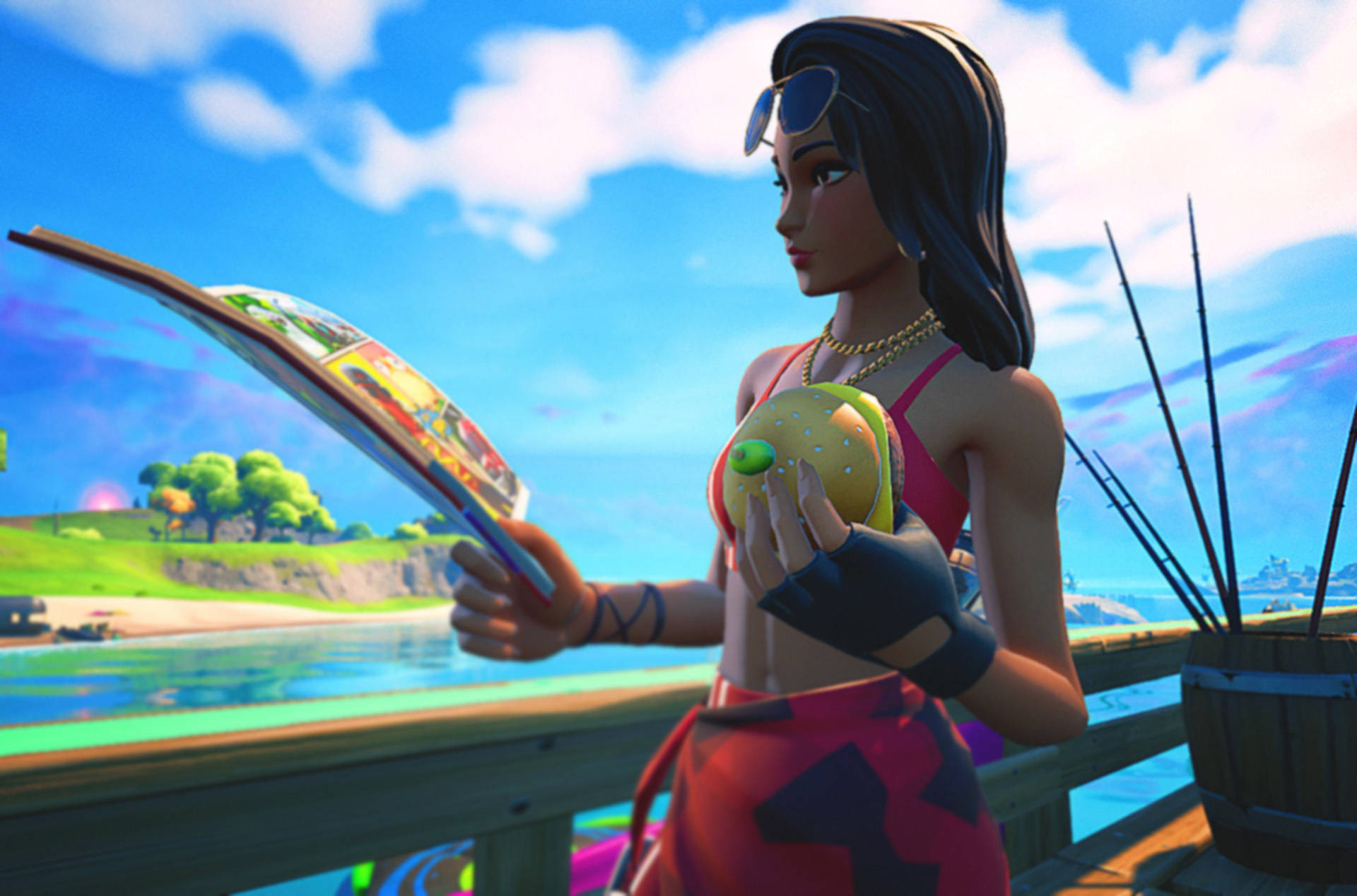 Ruby《Fortnite》板walk 插畫 壁紙 — 一個穿著比基尼的Fortnite角色在碼頭上閱讀漫畫，旁邊是熱帶海灘，有釣魚竿和色彩繽紛的天空。