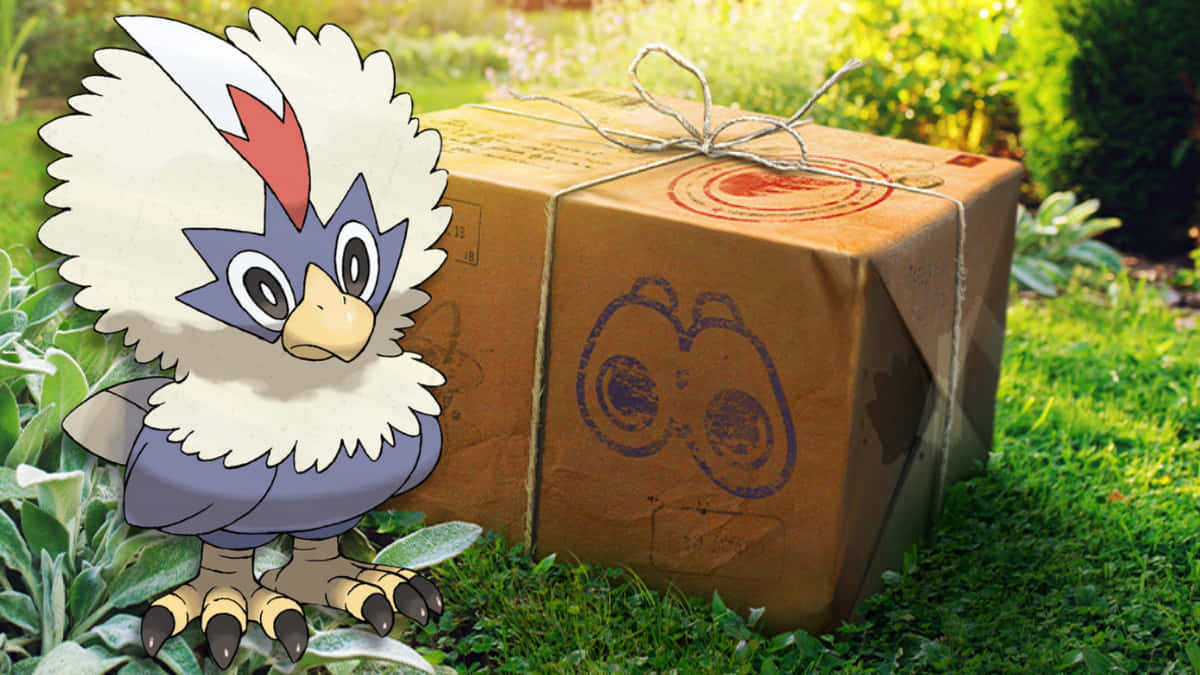 Rufflet 站在包裹盒旁 壁紙 — 一隻卡通鳥寶可夢站在陽光普照的草地上，旁邊有一個用麻繩捆綁的紙箱。