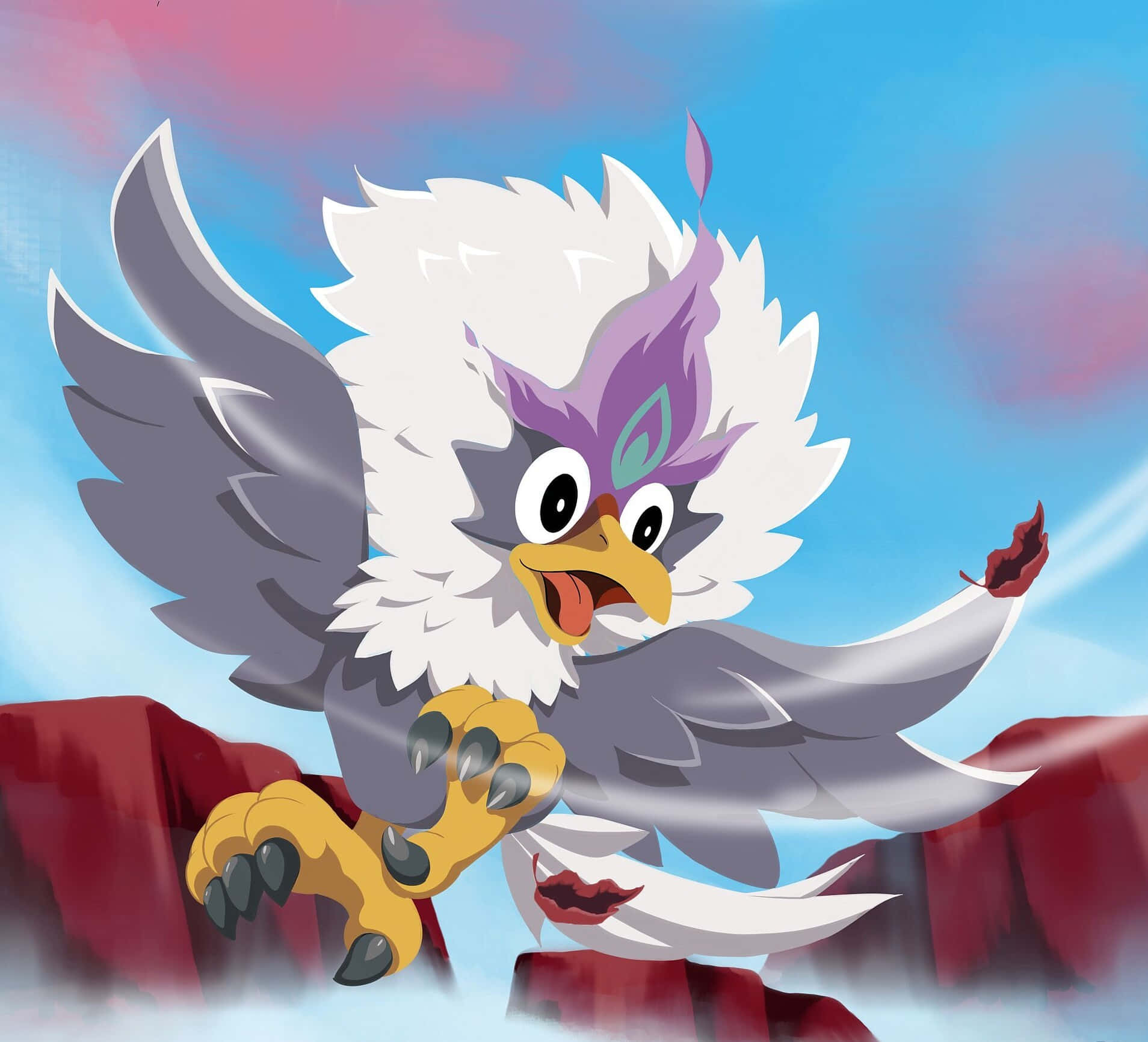 Rufflet 飛越紅色岩石山脈 壁紙 — 一隻卡通鷹，白色蓬鬆羽毛和紫色冠羽，棲息在紅色岩石上，背景是藍天和粉紅雲朵。