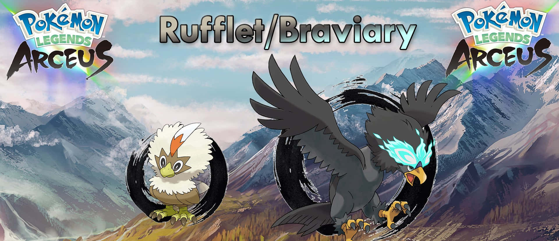 Rufflet 與 Braviary《Pokémon Legends: Arceus》 壁紙 — 兩隻寶可夢 Rufflet 和 Braviary 在壯麗的山景背景下翱翔，呈現出充滿活力的遊戲宣傳藝術風格。
