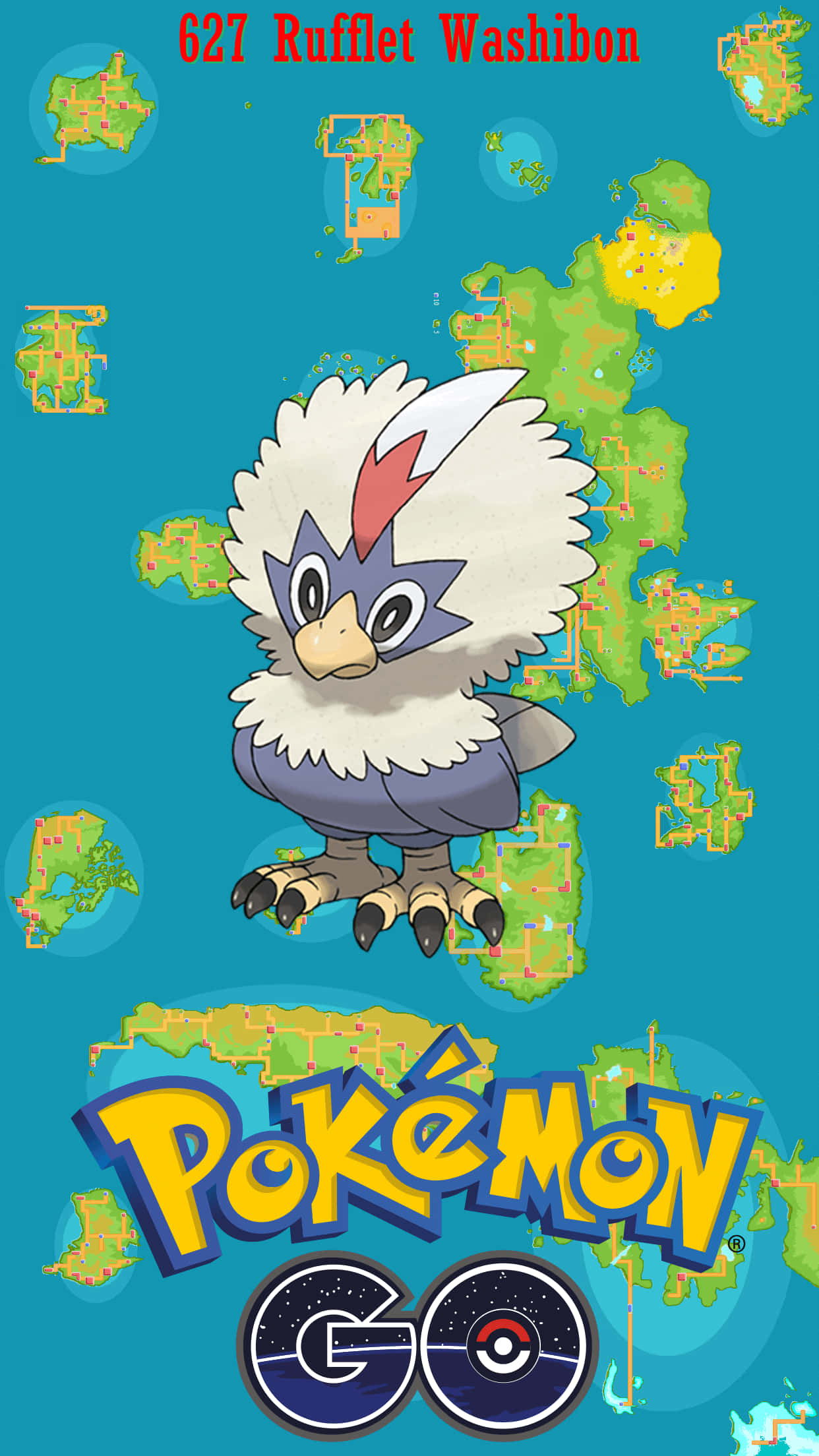 Rufflet 與 Pokémon Go 標誌 壁紙 — 一隻毛茸茸的 Rufflet，有白色羽毛和紅色頭冠，站在藍綠色背景中央，周圍散落著 Pokémon GO 地圖碎片。