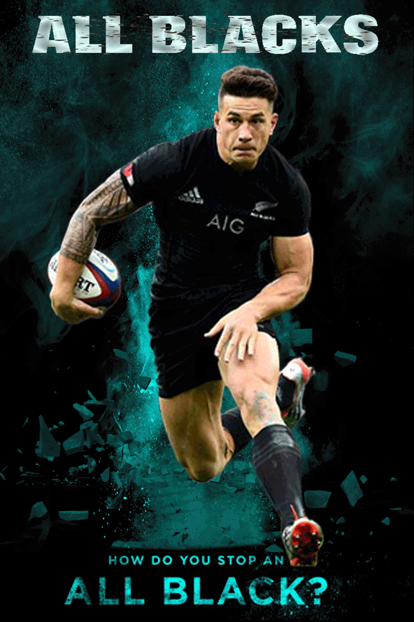 全黑隊 rugby 海報 壁紙 — 一名身穿黑色全黑隊球衣的欖球運動員，手持球向前衝刺，背景為深藍綠色碎裂效果。