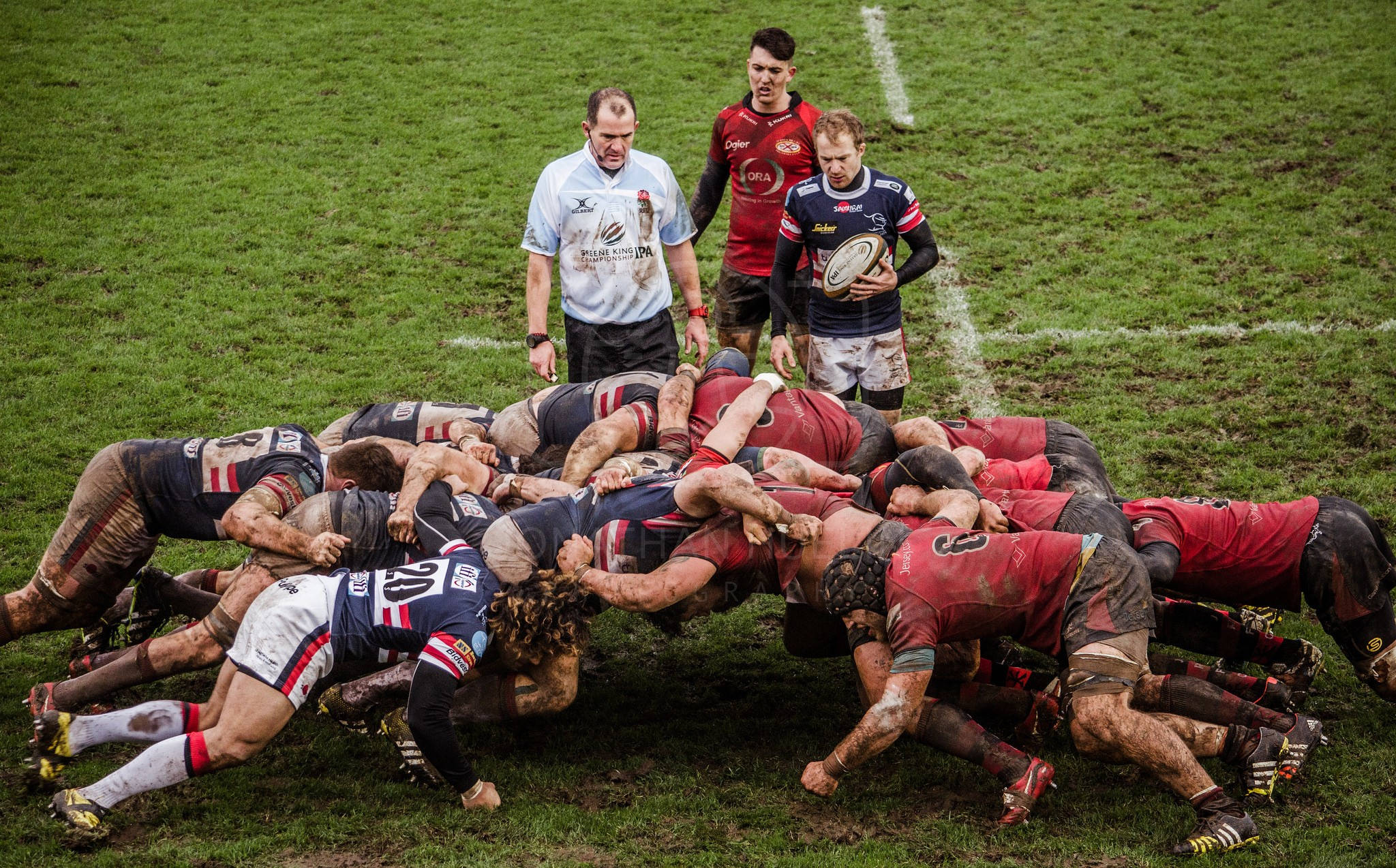 泥濘 rugby 搏鬥攝影 壁紙 — 欖球球員在綠色場地上陷入泥濘的爭球，附近有裁判和兩名站立的球員。