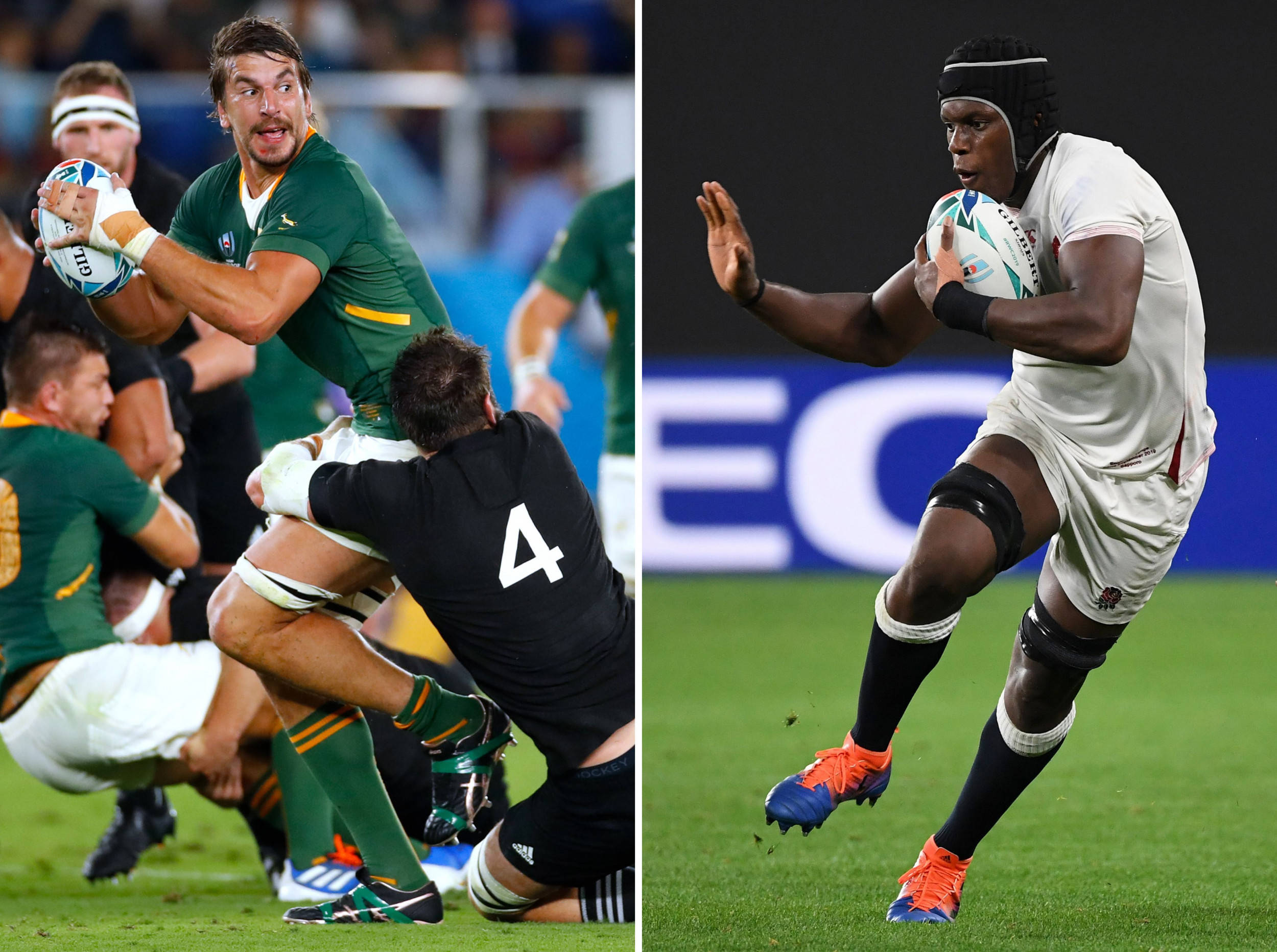 英格蘭對南非rugby總決賽 壁紙 — 兩名欖球運動員在比賽中，一名身穿綠色球衣被擒抱，另一名身穿白色球衣帶球奔跑。