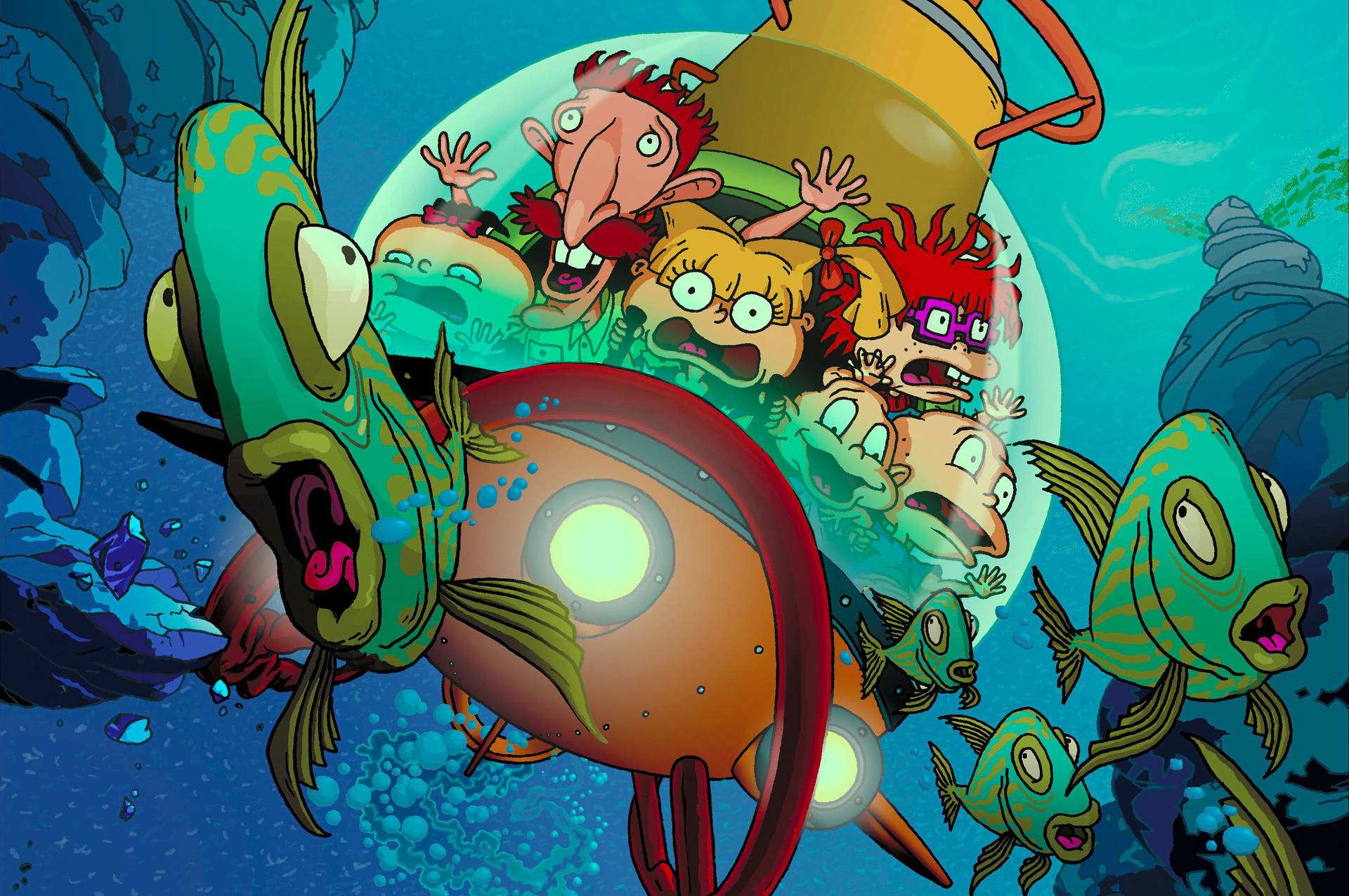 Rugrats 角色在潛艇中，海洋中有巨型魚類