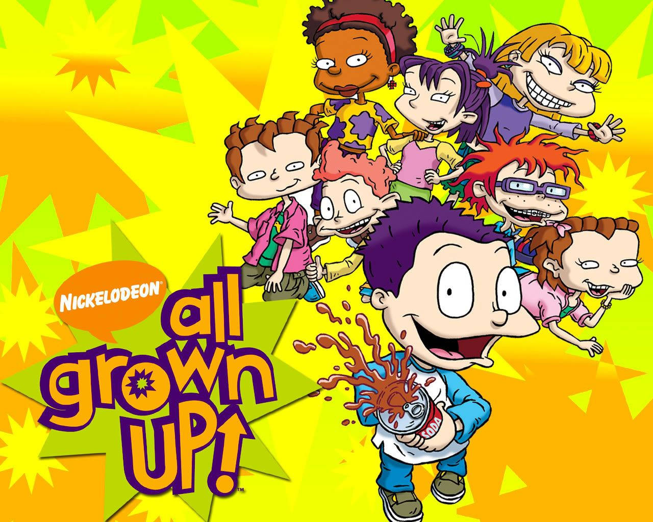 Rugrats 角色以成人形象出現在色彩繽紛的卡通海報中，帶有「All Grown Up!」文字。