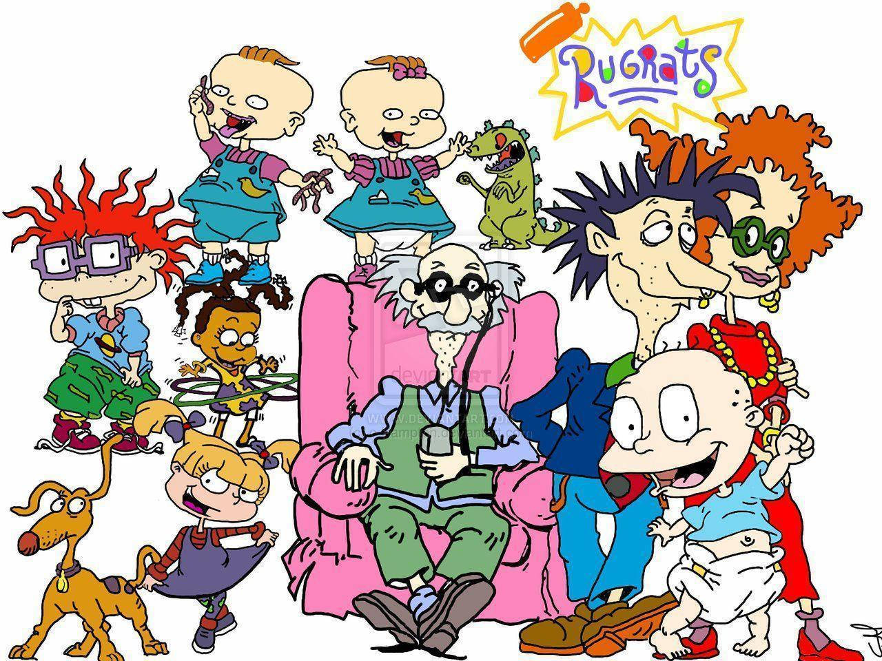 Rugrats 卡通角色，包括 Tommy、Chuckie、Angelica 和他們的父母，以及一個恐龍玩具。