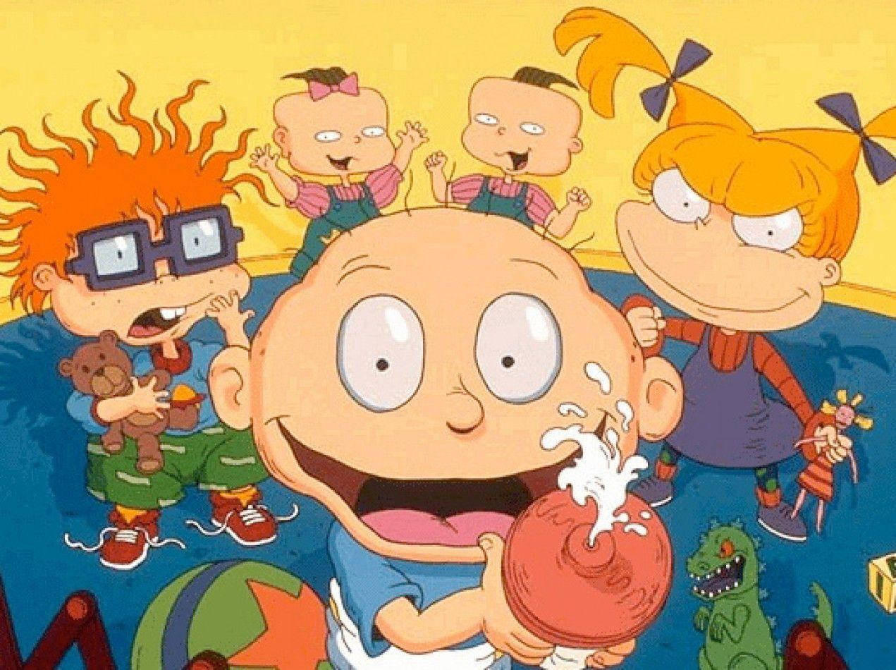 Rugrats 嬰兒在明亮的卡通場景中玩水和玩具。