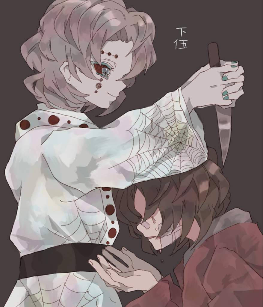 鬼滅之刃 Rui 原創插畫 壁紙 — 一個蒼白的動漫女孩，穿著蜘蛛網服飾，紅色的眼睛，在緊張的時刻將刀舉在一個棕色頭髮的人物上方。