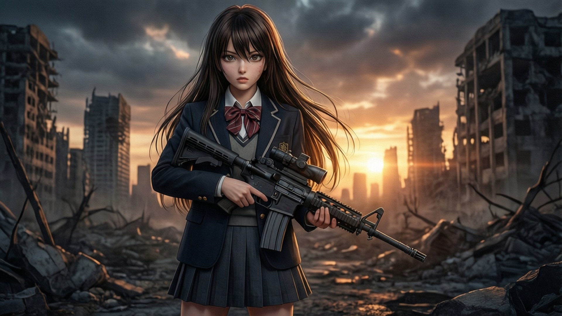 穿校服的女孩在夕陽下站在被毀的城市中手持步槍