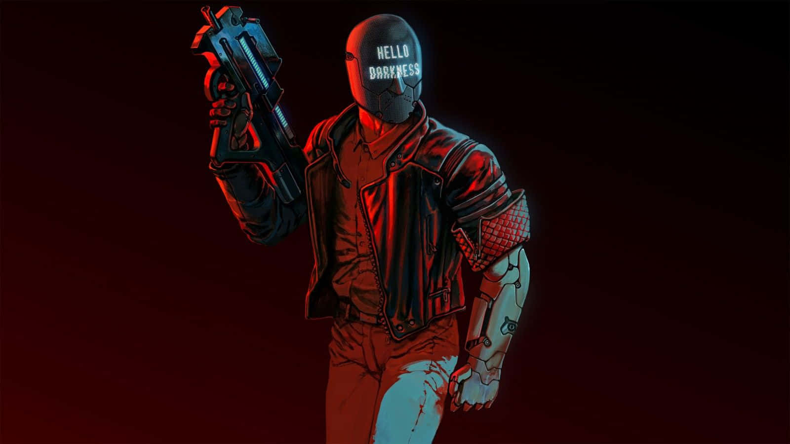 《Ruiner》4K 超高清遊戲 壁紙 — 一個戴面具、身穿皮褸的角色，在深紅色背景配以藍色霓虹燈光下，手持發光武器。