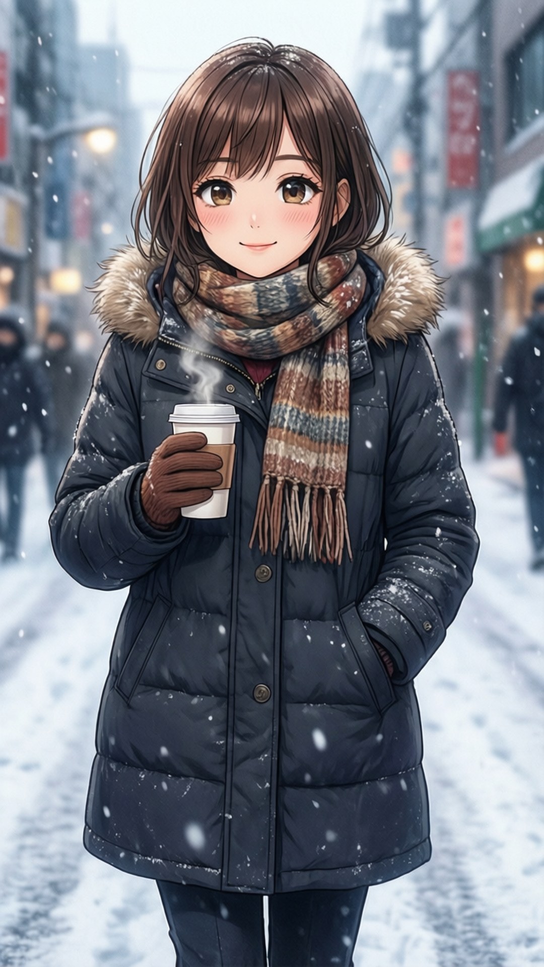 年輕女性穿著冬季外套在雪街上拿著冒煙的咖啡杯