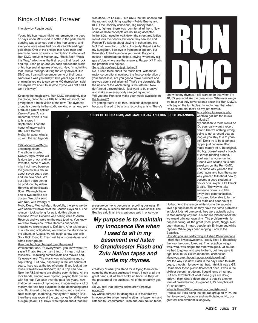 Run D.M.C. 嘻哈樂隊樂譜海報 壁紙 — 復古雜誌頁面，刊登了對Reggie Lewis關於其嘻哈音樂和職業生涯的採訪。