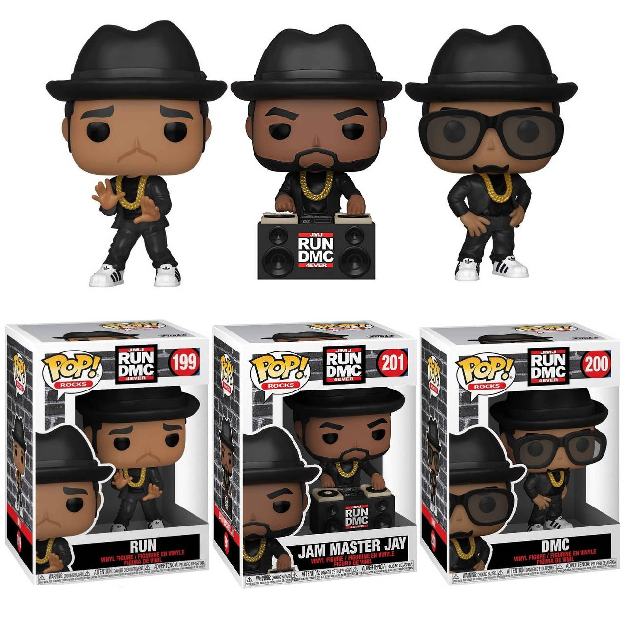 三個Run DMC Funko Pop! 乙烯基人偶及其收藏盒。