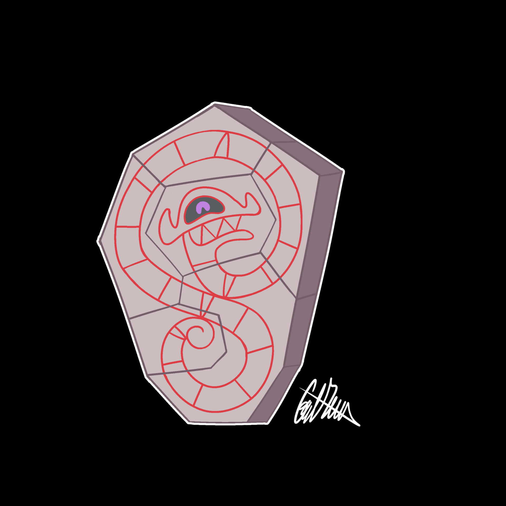 Runerigus寶可夢藝術圖 壁紙 — 一個風格化的紅色線條畫，描繪一條盤繞的蛇，只有一隻紫色眼睛，蝕刻在灰色六角形石板上。