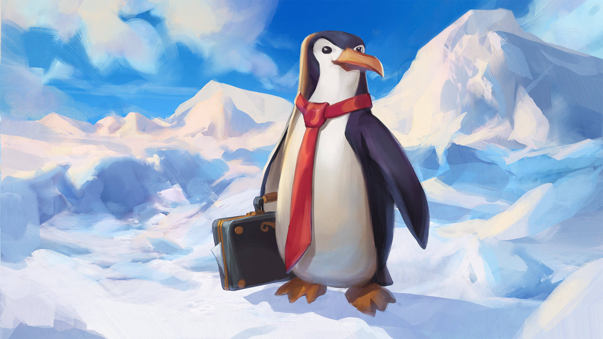 Runescape 001 企鵝特工 壁紙 — 一隻卡通企鵝戴着紅色圍巾，提着行李箱，站在雪地上，背景是冰封的山脈和明亮的藍天。