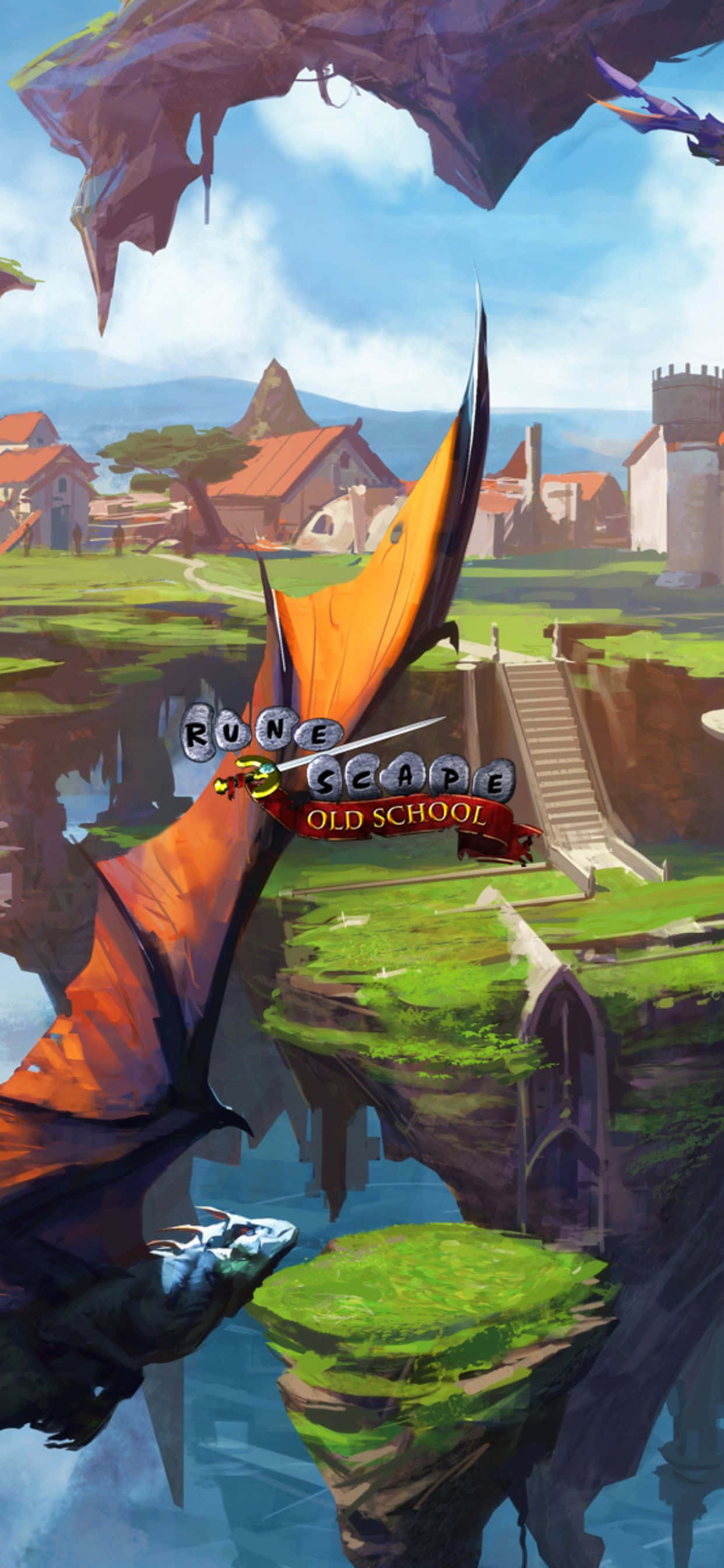 《RuneScape Old School》浮空戰場龍圖騰 iPhone XS Max 壁紙 — 一條龍在明亮的藍天下翱翔於一個擁有紅色屋頂和石塔的浮島村莊上空。