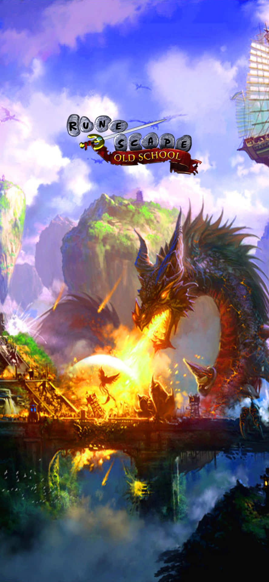 《RuneScape Old School》龍火攻城 iPhone XS Max 壁紙 — 一條巨大的龍向一個奇幻村莊噴火，而一艘船在浮島上空航行。