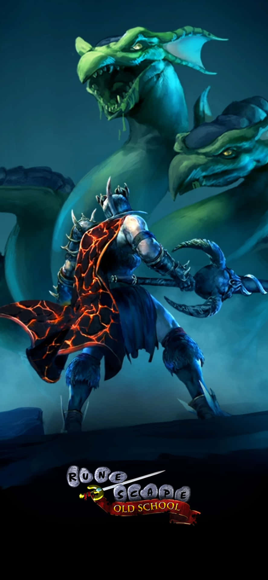 《RuneScape Old School》綠龍戰士 iPhone XS Max 壁紙 — 一名身穿尖刺盔甲、披著發光紅色斗篷的戰士，在黑暗奇幻場景中挑釁地對抗兩條兇猛的綠色巨龍。