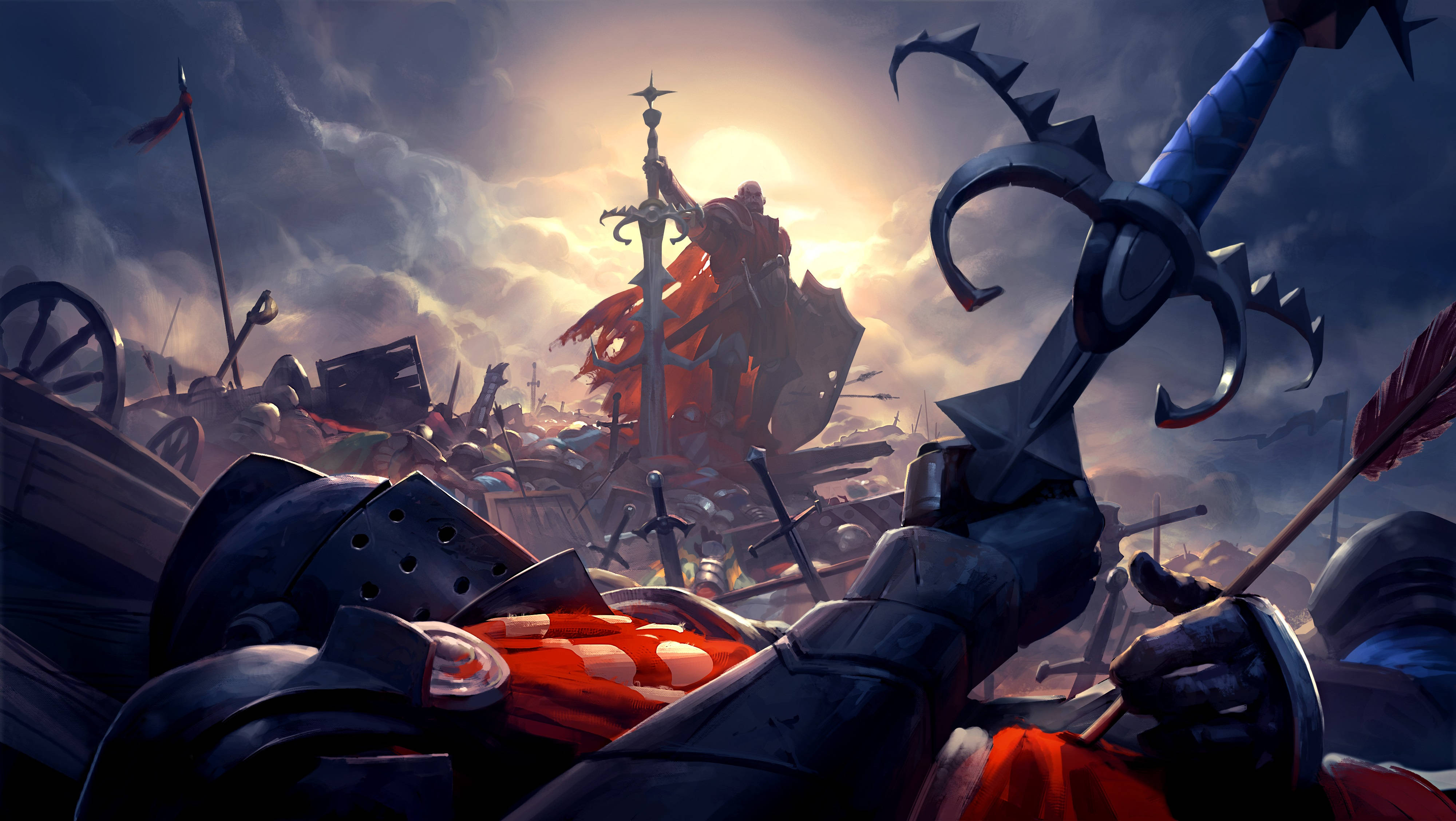 Runescape 戰鬥場景 壁紙 — 一名身穿紅色盔甲的騎士站在佈滿斷劍和盾牌的戰場上，背後是暴風雨的天空和一輪發光的太陽。