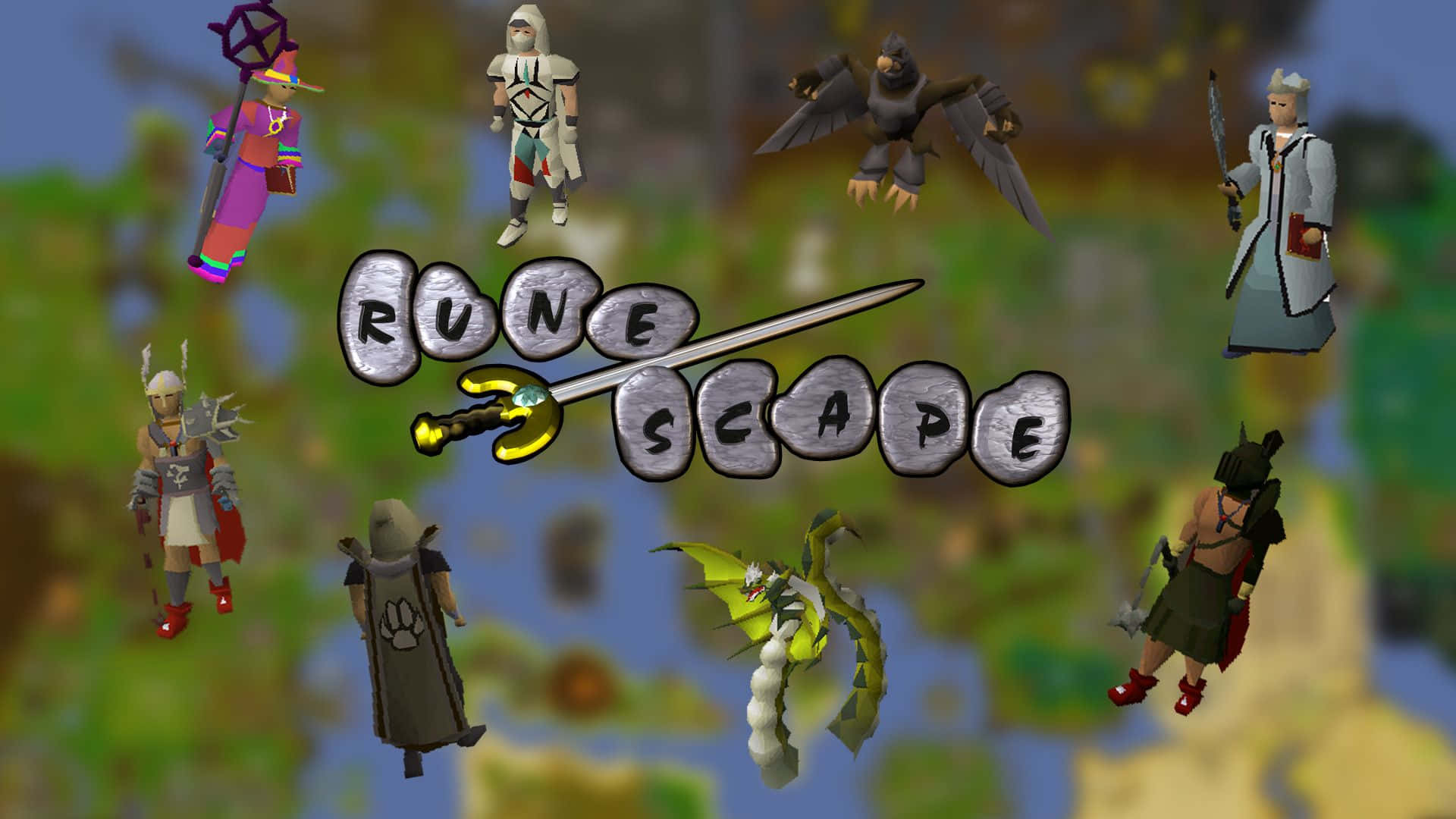 遊戲 桌布 壁紙 — RuneScape 標誌，帶有標誌性角色和一條龍漂浮在模糊的幻想景觀上方。
