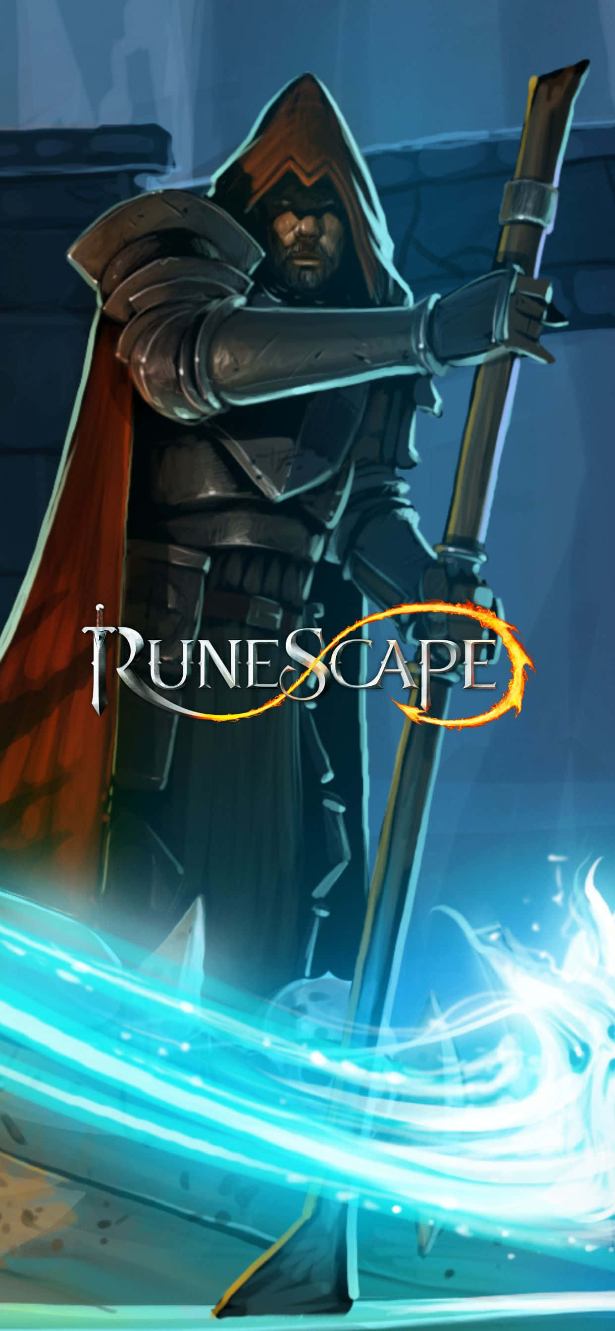 《RuneScape》玩家現可使用新款 iPhone Xs Max 探索 Gielinor 壁紙 — 一名身穿暗色盔甲的兜帽戰士在石頭背景前揮舞著發光的藍色劍，並帶有 RuneScape 標誌。