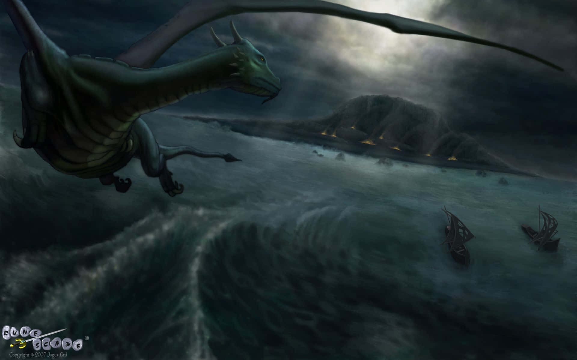 《Runescape》的壯麗冒險風景 壁紙 — 一條綠色巨龍在波濤洶湧的海面上翱翔，船隻在火山島附近與滔天巨浪搏鬥。