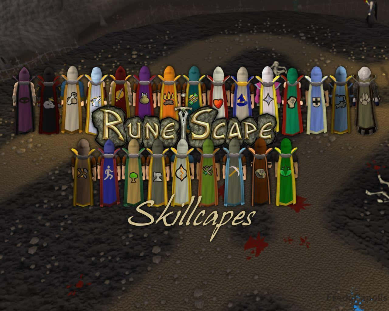 《Runescape》的奇幻世界 壁紙 — 一排色彩繽紛的RuneScape技能披風角色站在黑暗的洞穴中，遊戲標誌和「Skillcapes」文字顯眼地展示。