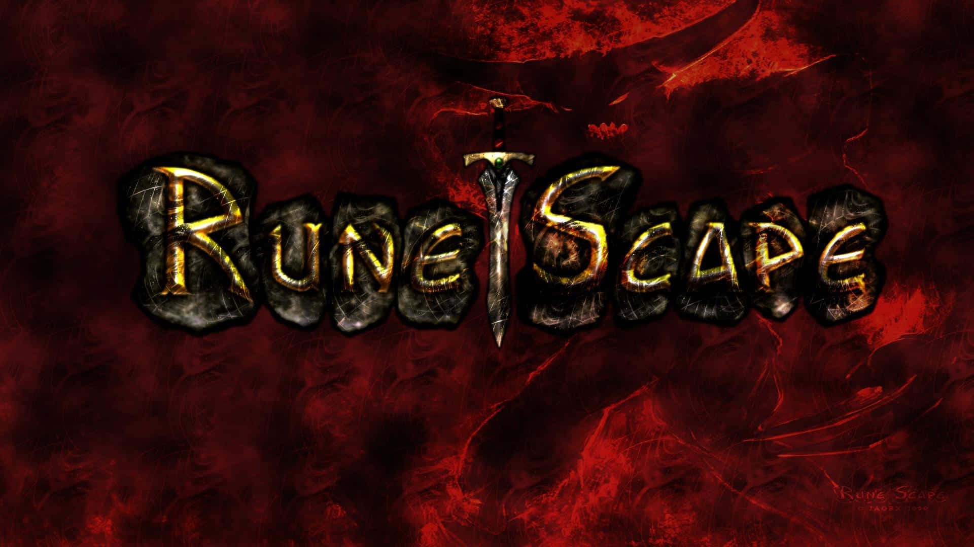 《Runescape》的標誌 壁紙 — RuneScape 標誌在旋轉的深紅色背景上閃耀著金色符文和一把劍。