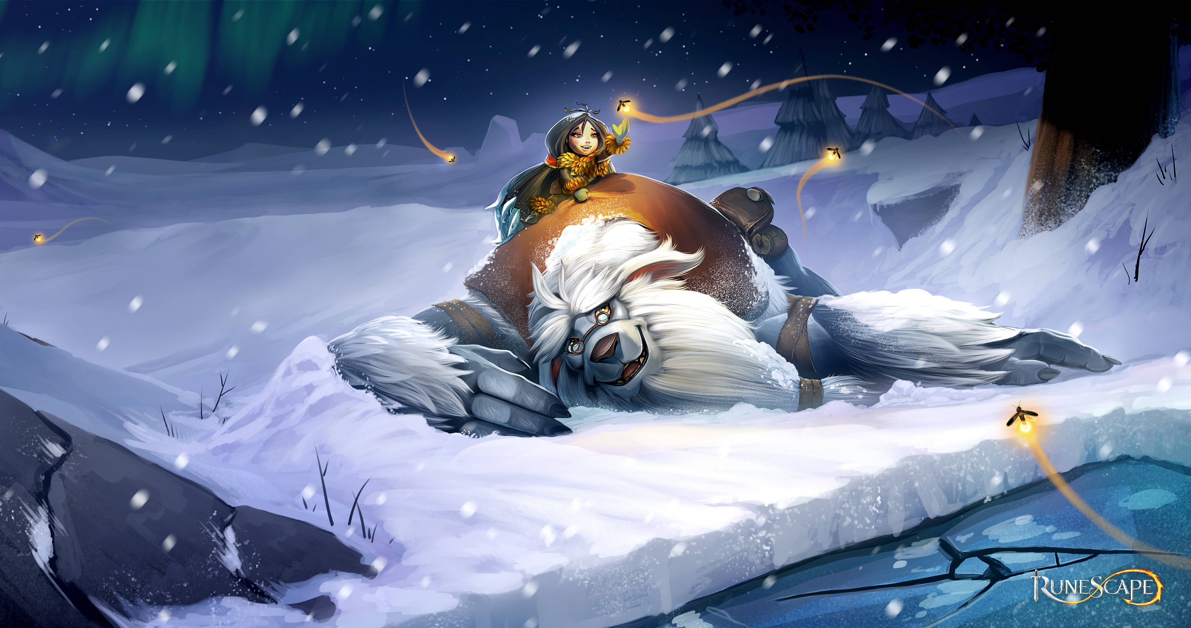 Runescape 紫色是藍色 壁紙 — 一個小孩騎在巨大的沉睡雪獸上，在雪地極光下，伴隨著發光的螢火蟲。