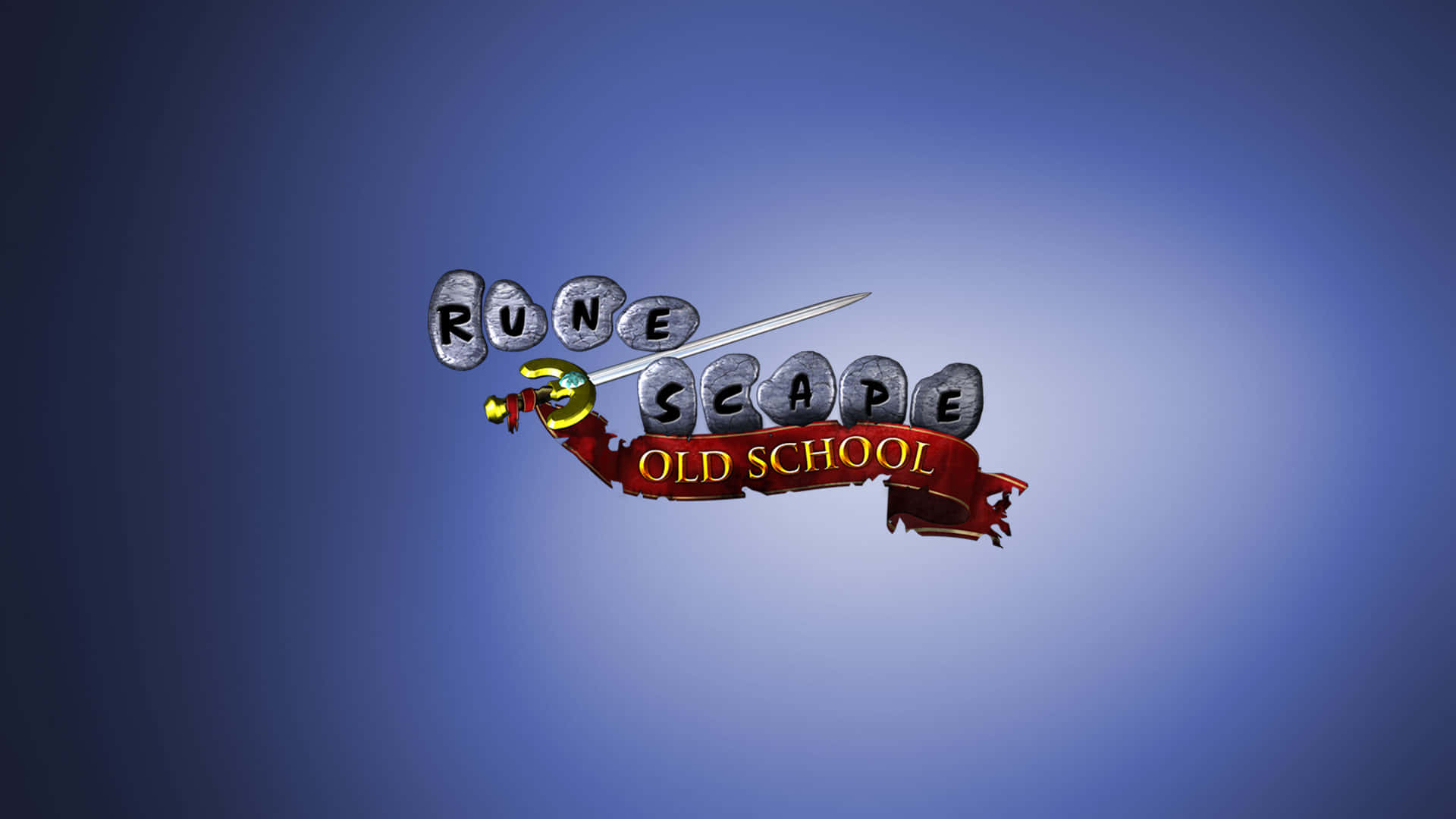 《Runescape》經典版世界，冒險即將展開 壁紙 — RuneScape Old School 標誌，帶有劍和石頭字母，在漸變藍色背景上發光。
