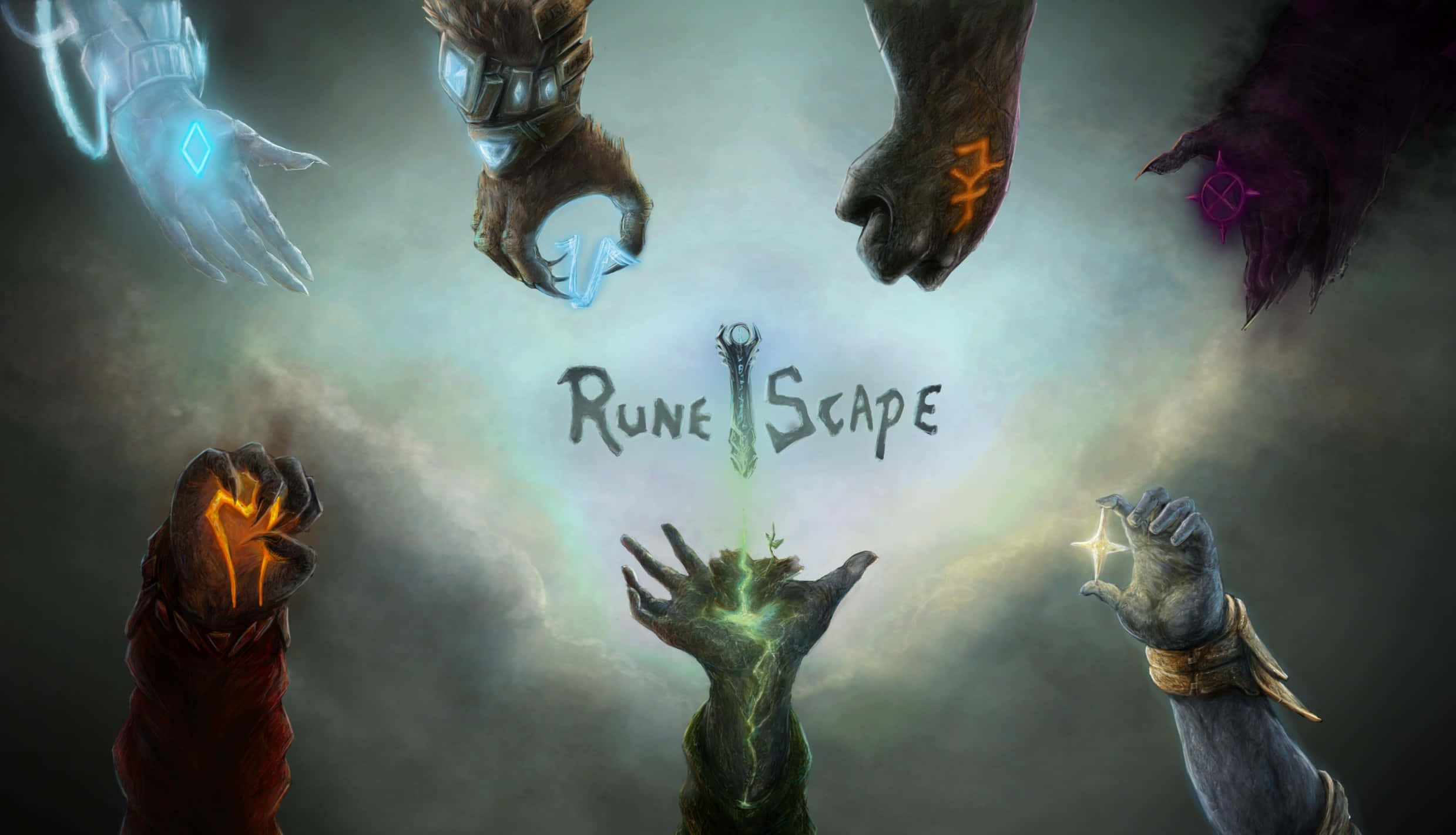 《Runescape》經典版的經典奇幻世界 壁紙 — 六隻帶有發光符文和符號的神秘之手，在雲霧繚繞的背景中，伸向中央一把發光的劍。