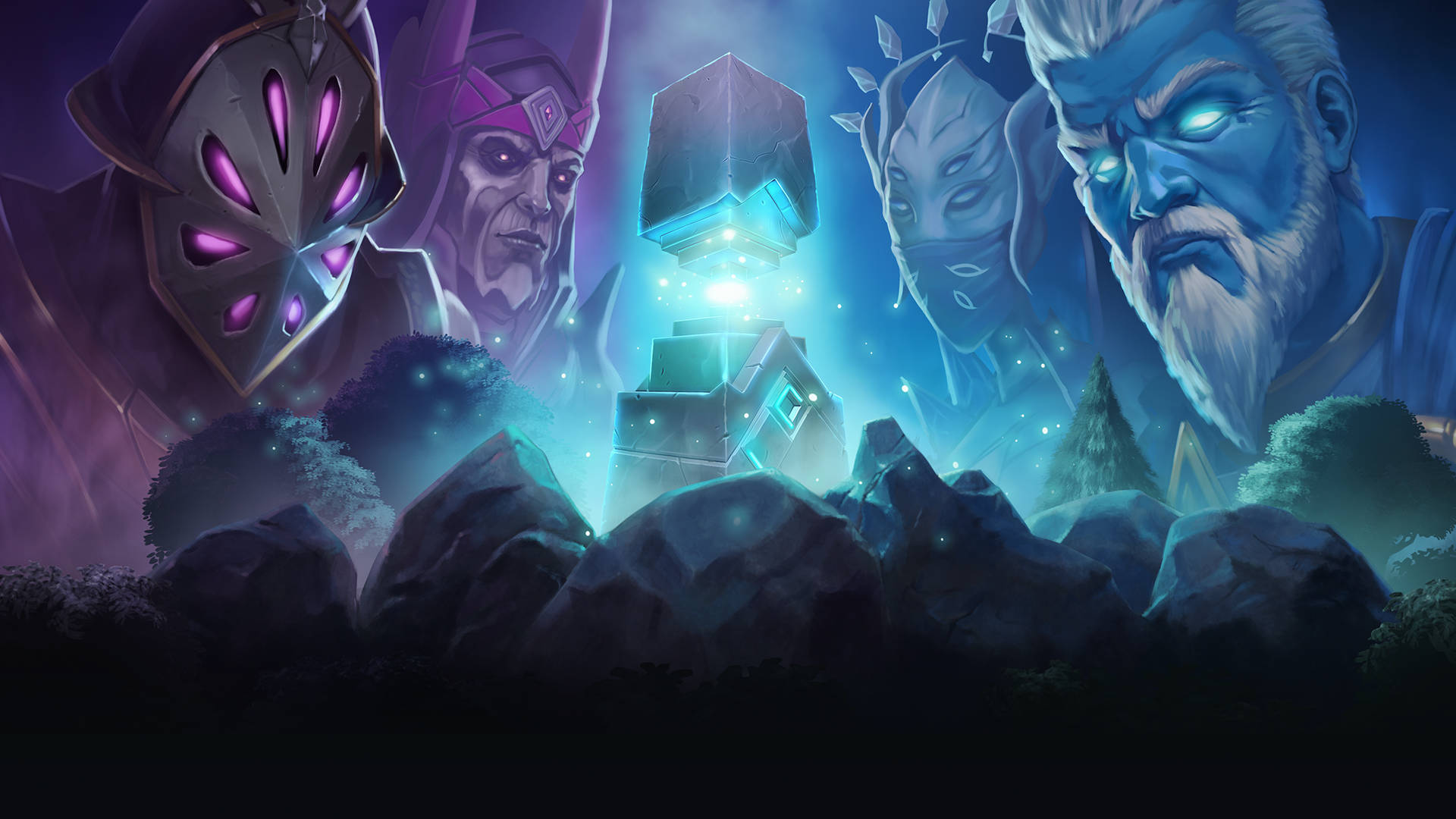 Runescape 老神戰爭 壁紙 — 神秘人物閃爍著發光的眼睛，環繞著一座在黑暗奇幻場景中、在崎嶇岩石上閃耀的藍色水晶塔。