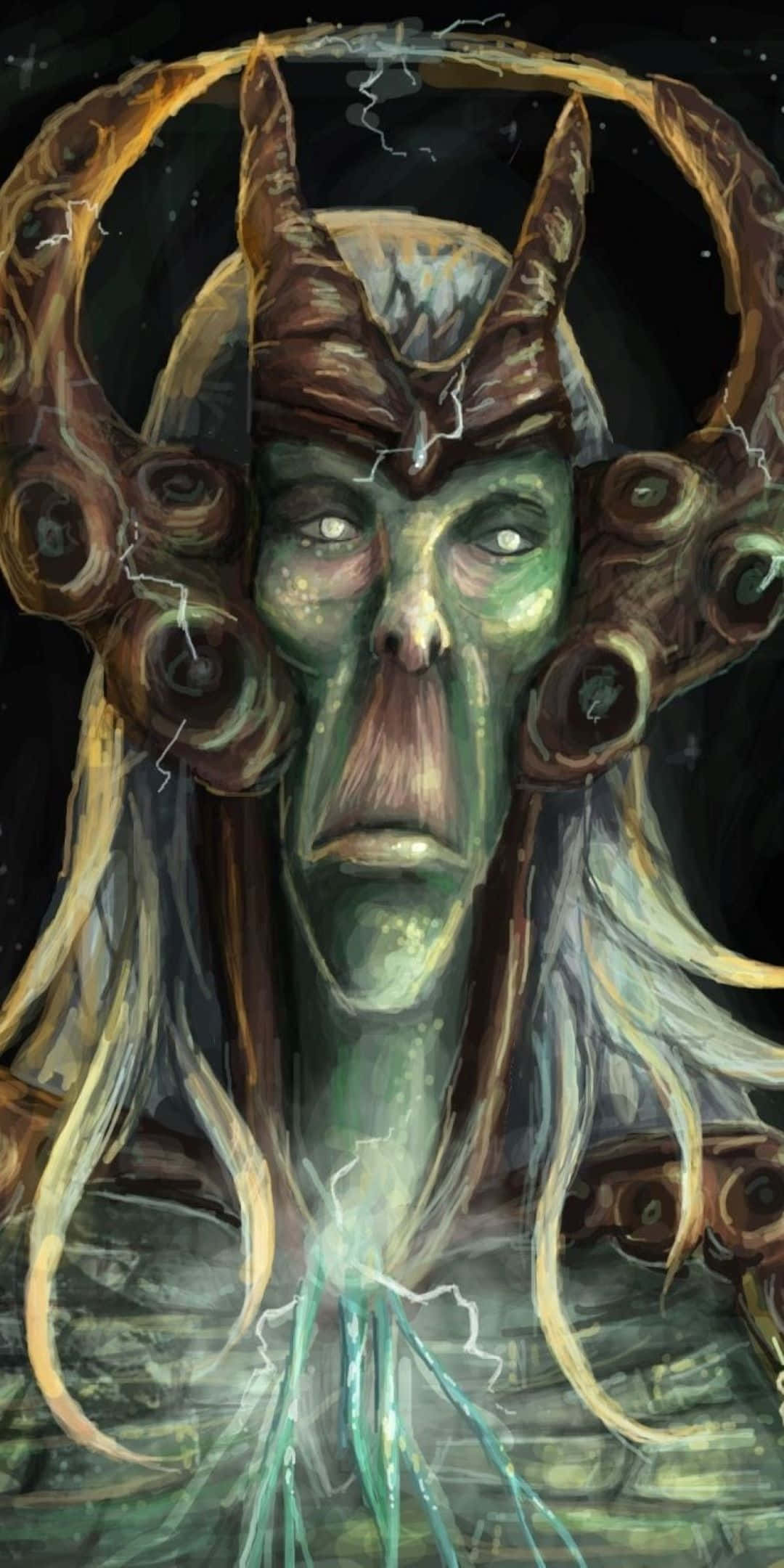 《Runescape》炫彩遊戲畫面像素3手機背景 壁紙 — 一個帶有發光眼睛、角頭和長髮周圍閃電噼啪作響的威脅性綠色皮膚惡魔。