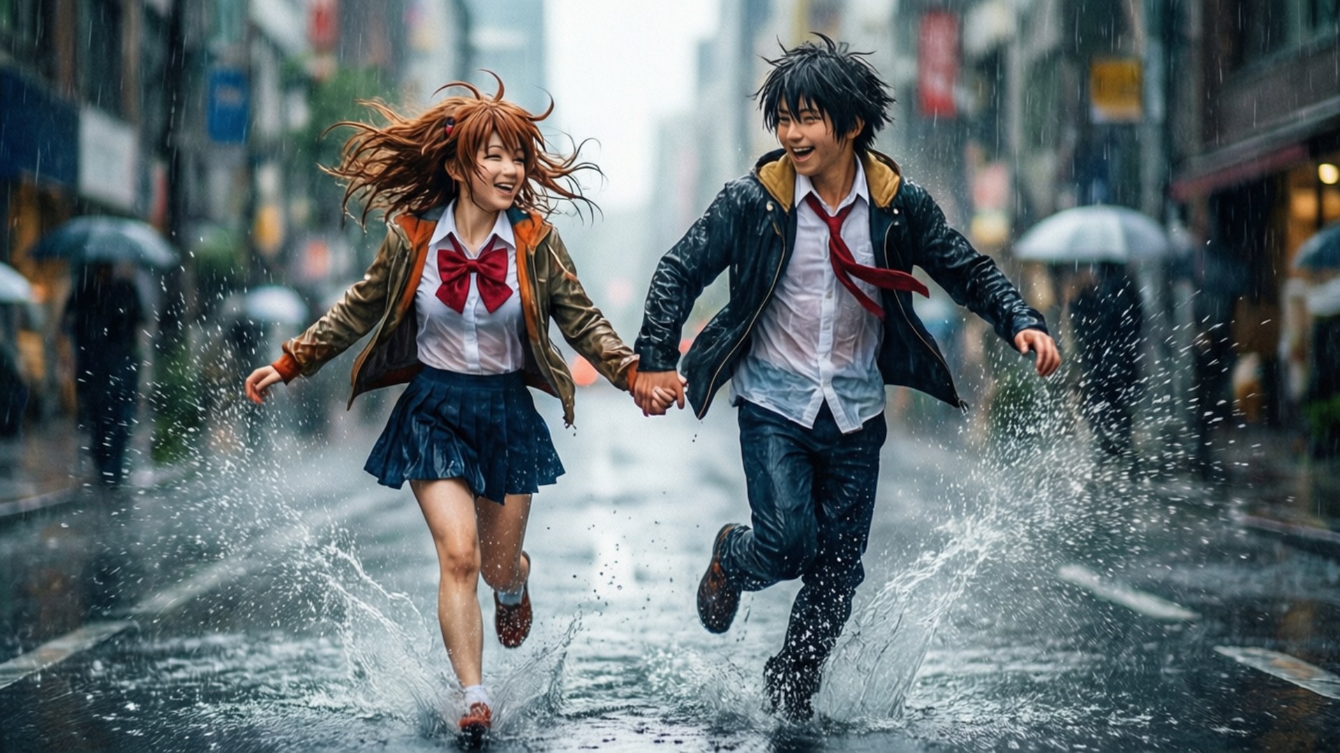 兩個動漫青少年在雨中奔跑濺水，手牽手在城市街道上