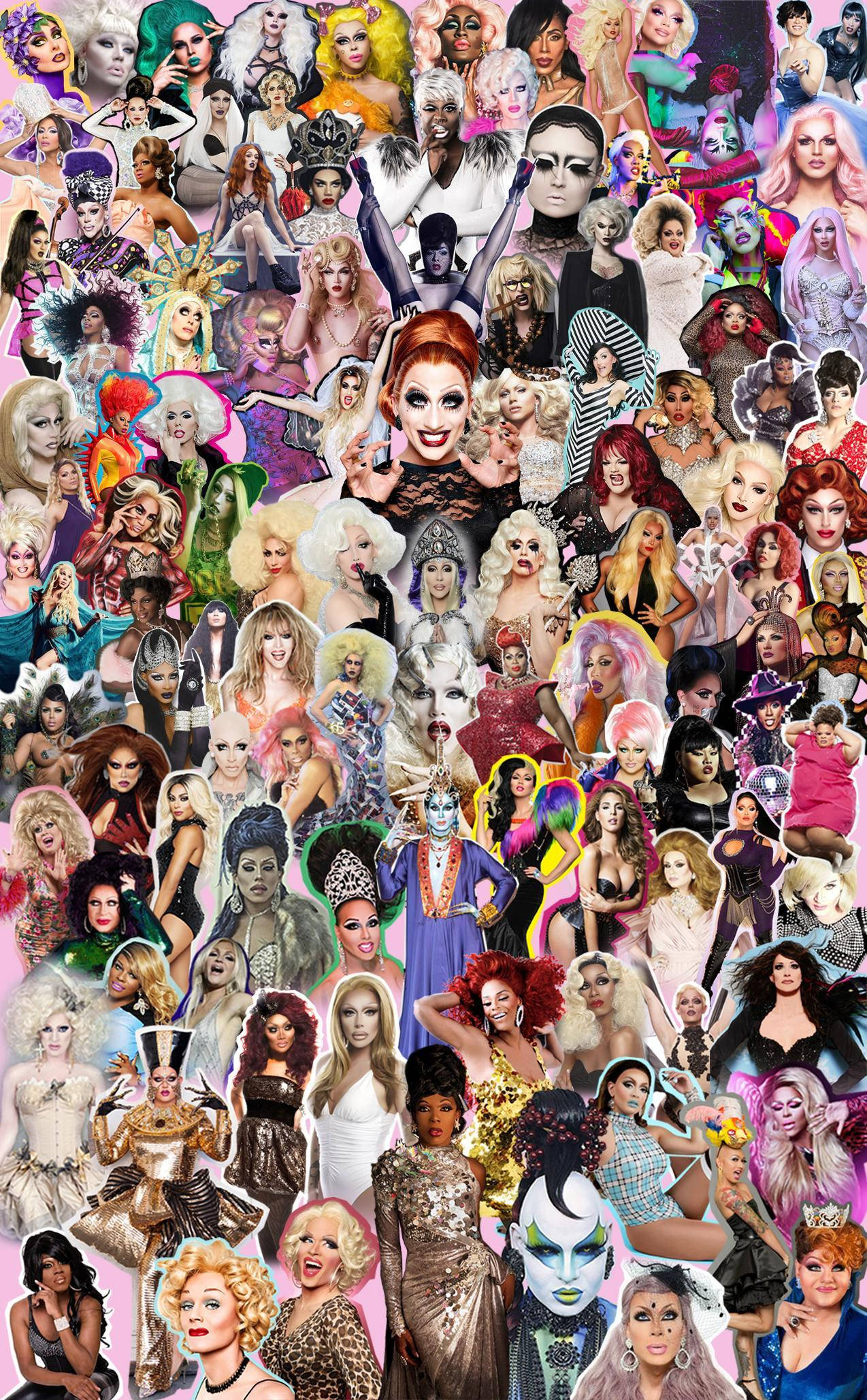RuPaul's Drag Race 裁判與嘉賓拼貼 壁紙 — 一幅充滿活力的拼貼畫，展示不同變裝皇后穿著精緻服裝和誇張化妝，背景為粉紅色。