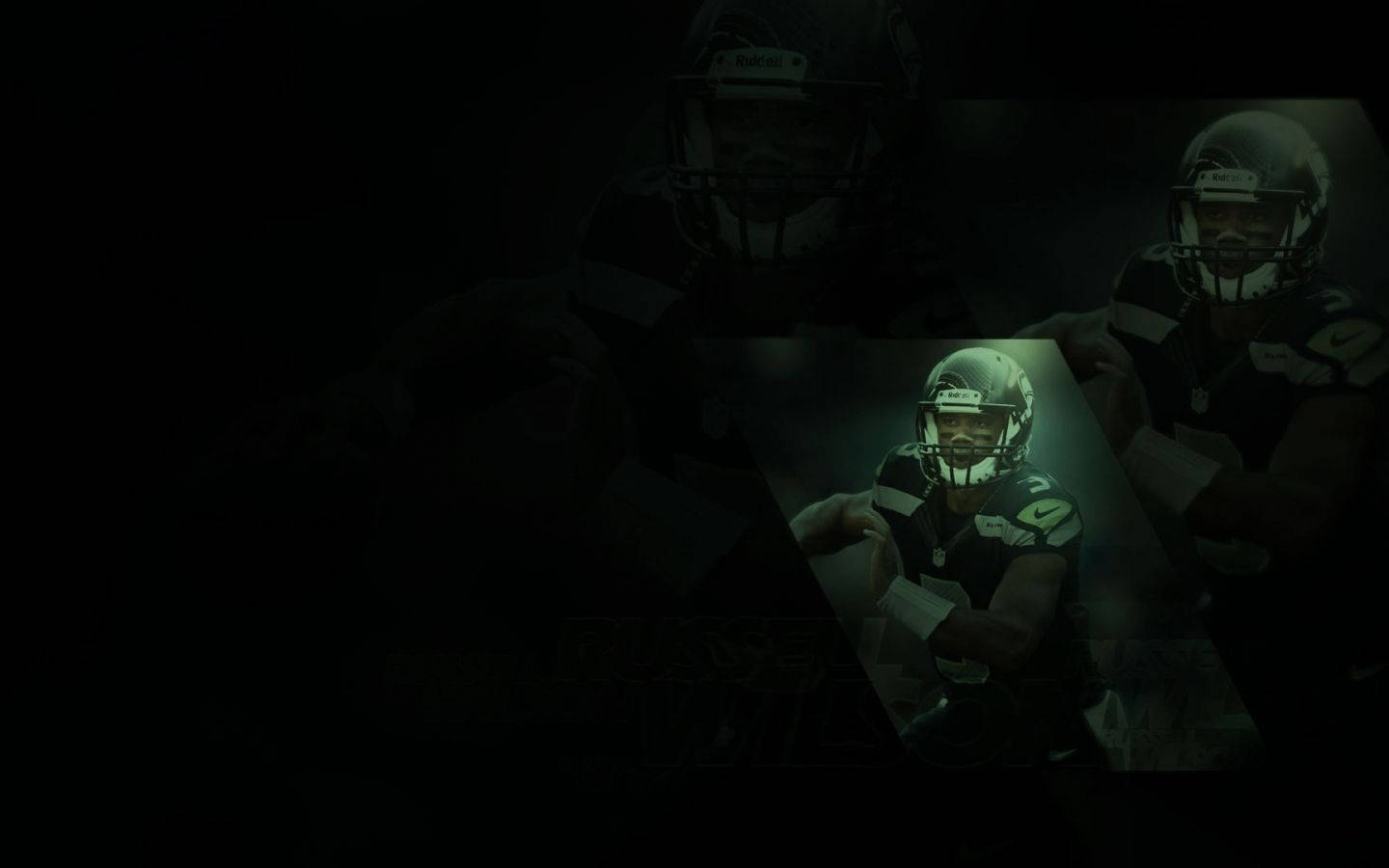 Russell Wilson 面板拼貼 壁紙 — 一名戴著頭盔和穿著制服的美式足球運動員在黑暗背景上被聚光燈照射，帶有淡淡的幽靈般疊加效果。