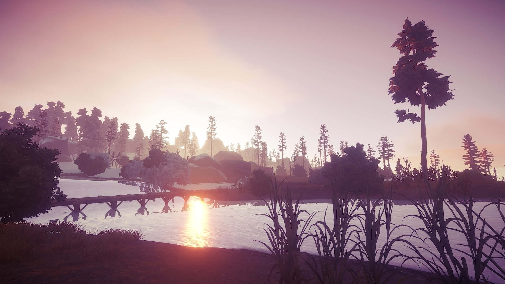 Rust 程式語言的鏽蝕背景 壁紙 — 平靜的湖面上，一座木製碼頭延伸入水中，周圍是剪影般的樹木和蘆葦，寧靜的日落。