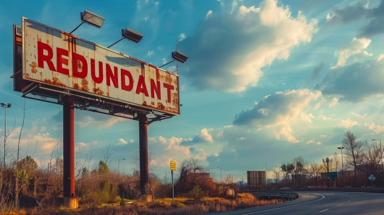 Redundant 桌布 壁紙 — 一個生鏽的廣告牌拼寫著 REDUNDANT，矗立在荒涼的高速公路旁，背景是戲劇性的日落天空。
