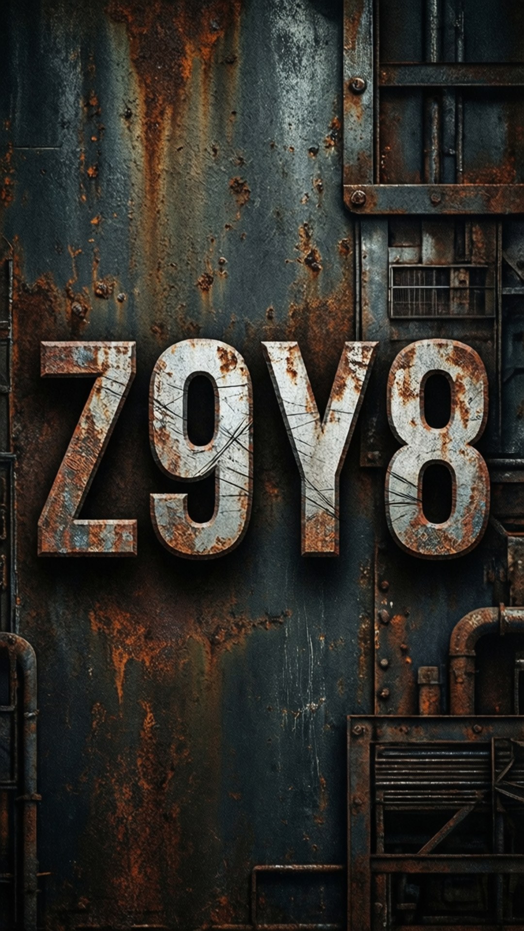 鏽蝕金屬字母 Z9Y8 在風化的工業門上，帶有螺栓和剝落的油漆。
