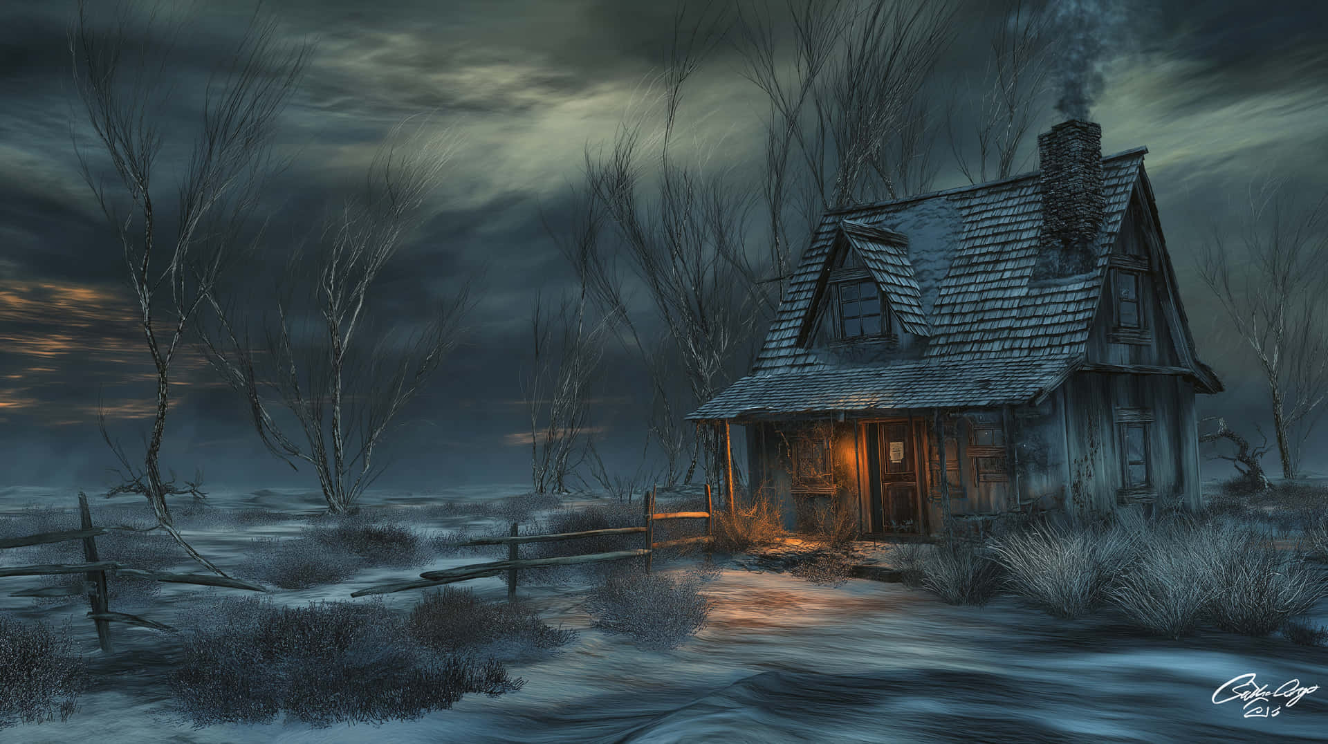 Rustic Cabin in a Snow-Covered Landscape at Twilight 壁紙 — 一座孤獨的雪覆蓋小屋，帶有溫暖發光的窗戶，孤立在冰凍貧瘠的景觀中，在暴風雨的暮色天空下。