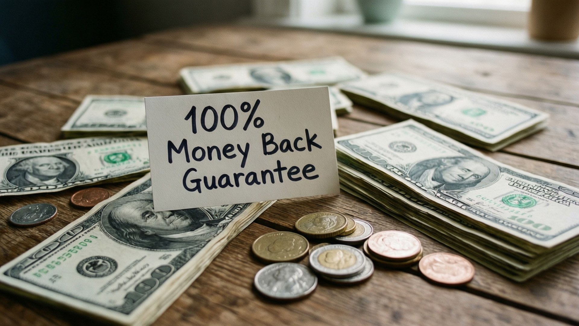 一個標語顯示100% Money Back Guarantee，被美國貨幣環繞在木質表面上。