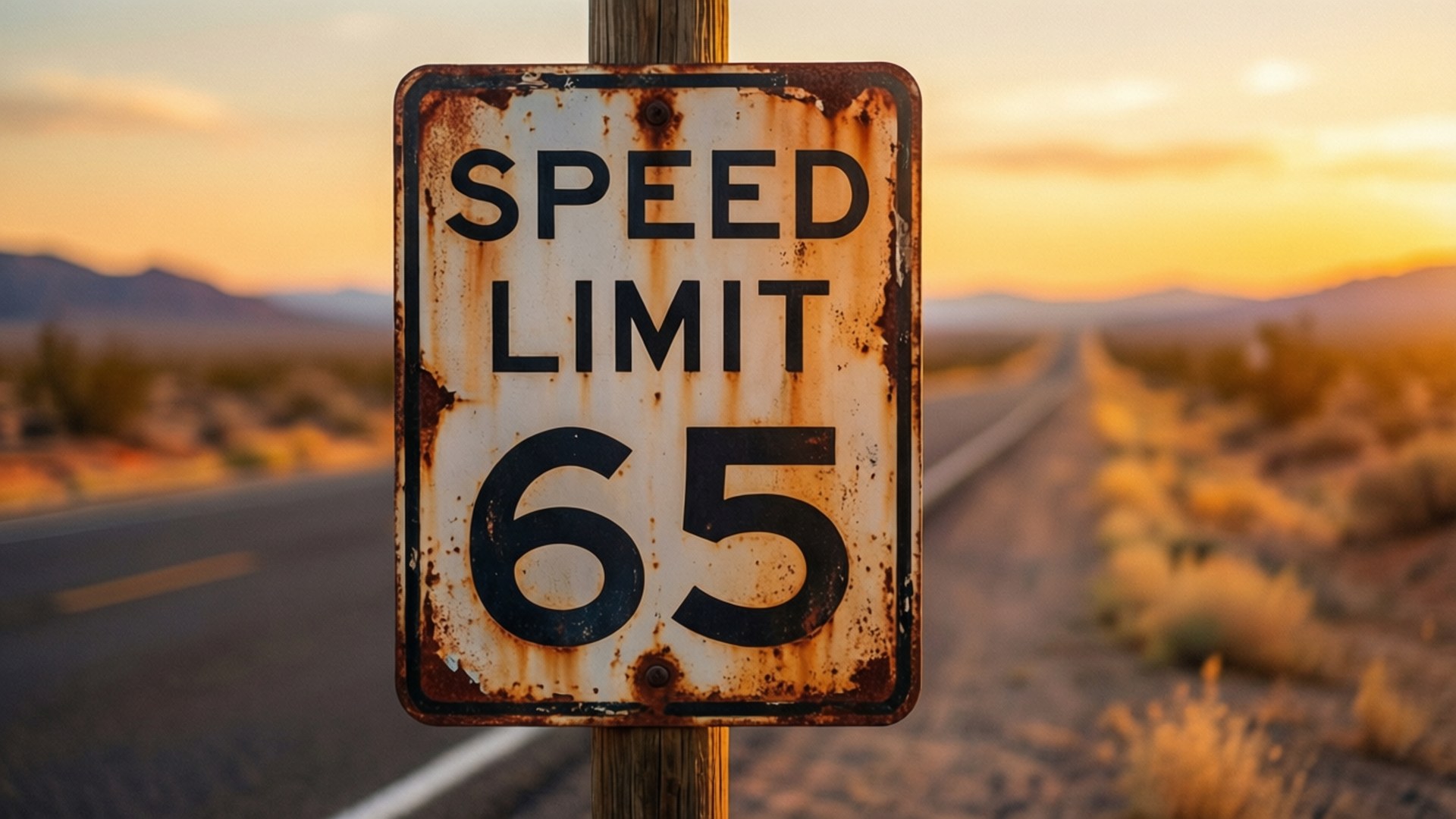 Rusty speed limit 65 sign on desert road at sunset 壁紙