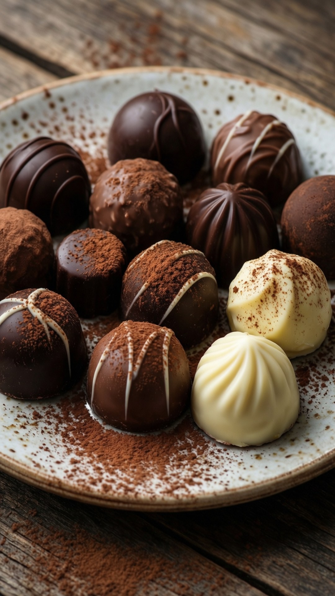 Gourmet Chocolate Truffles 壁紙 — 一個質樸的盤子盛著各式各樣的朱古力松露，撒上可可粉，放在風化的木質表面上。
