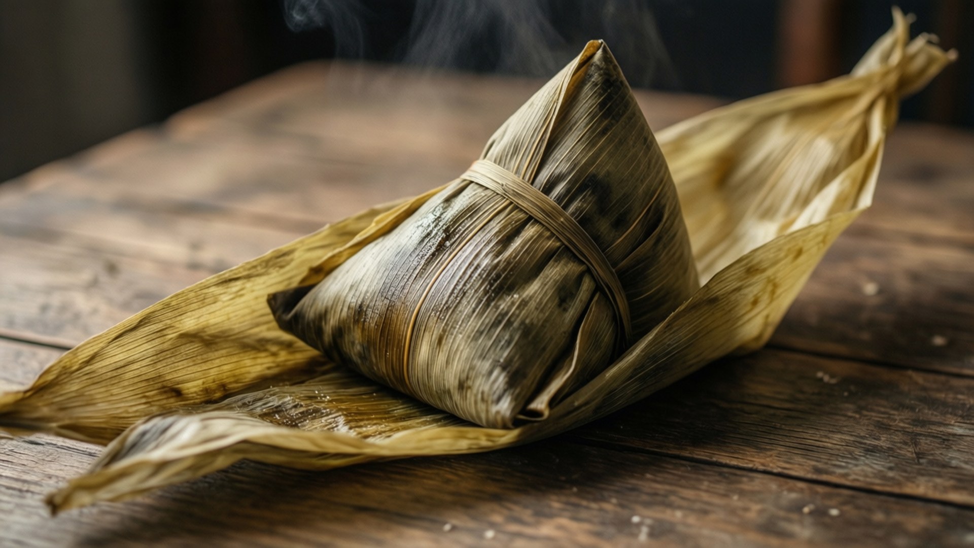 Steaming rice dumpling wrapped in leaves on wooden table 壁紙