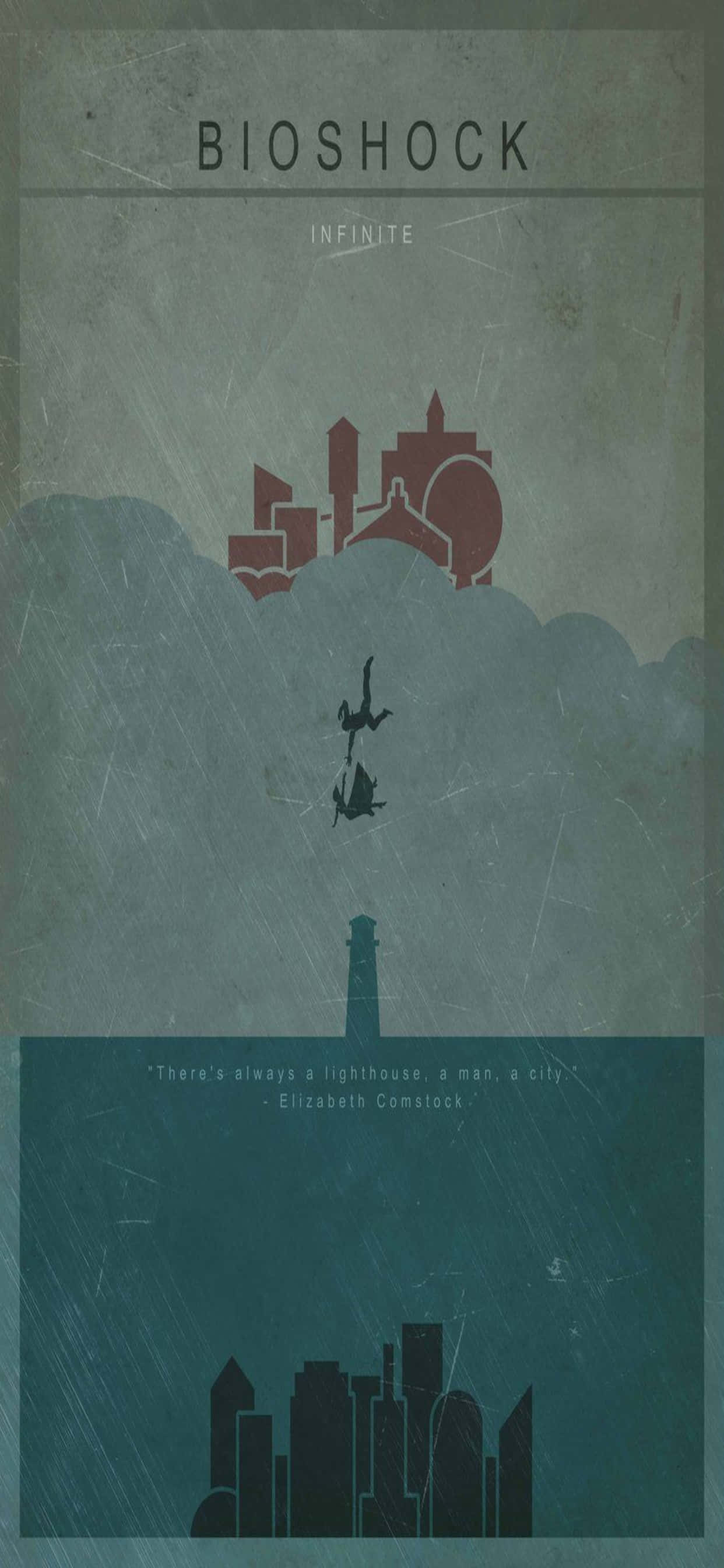 Rustic Theme iPhone Xs Max Bioshock Infinite 背景 壁紙 — 《生化奇兵：無限》的極簡海報，展示燈塔和城市剪影，背景為青綠色天空，並有墜落的人物。