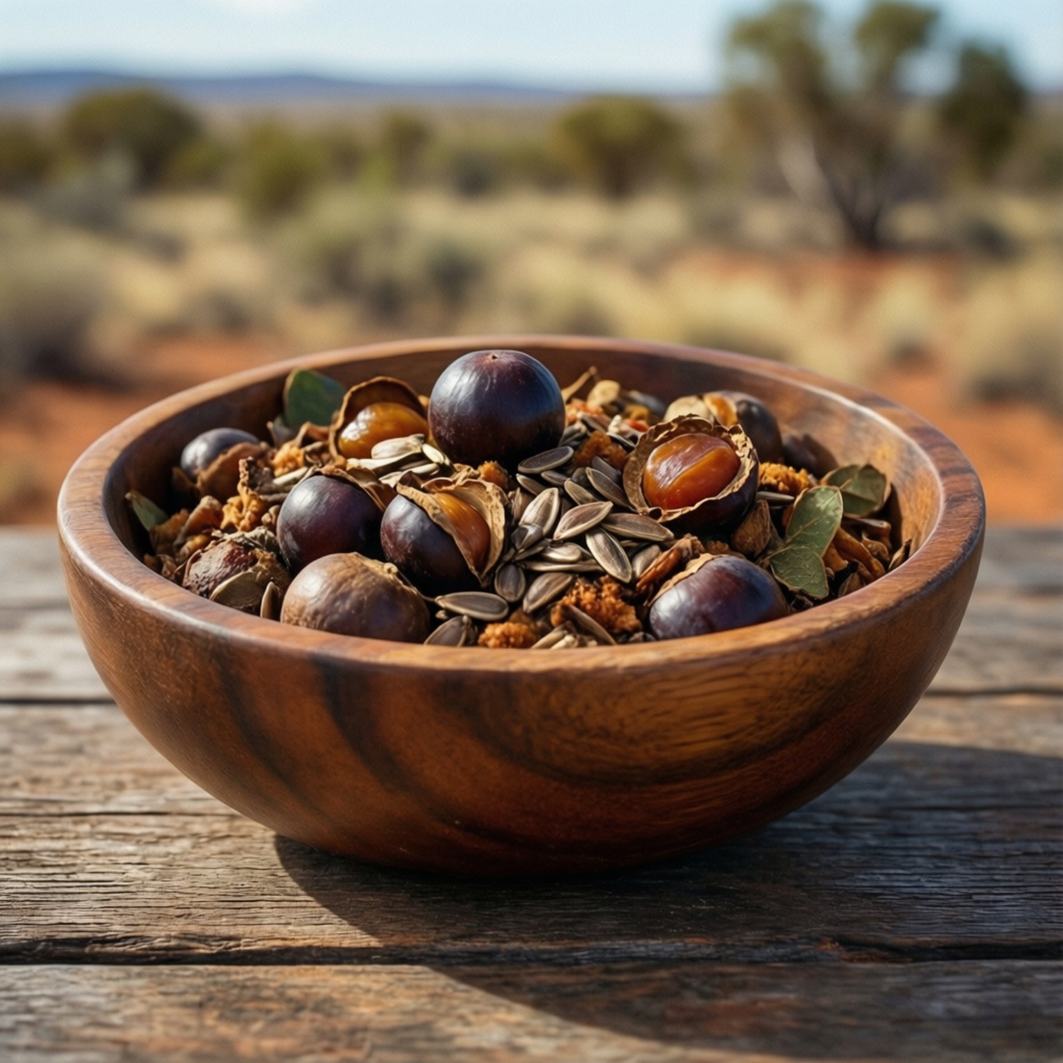 Naidoc Week 桌布 壁紙 — 一個質樸的木碗裝滿了橡子、葵花籽和乾樹葉，放在一張風化的木桌上，背景是模糊的沙漠。
