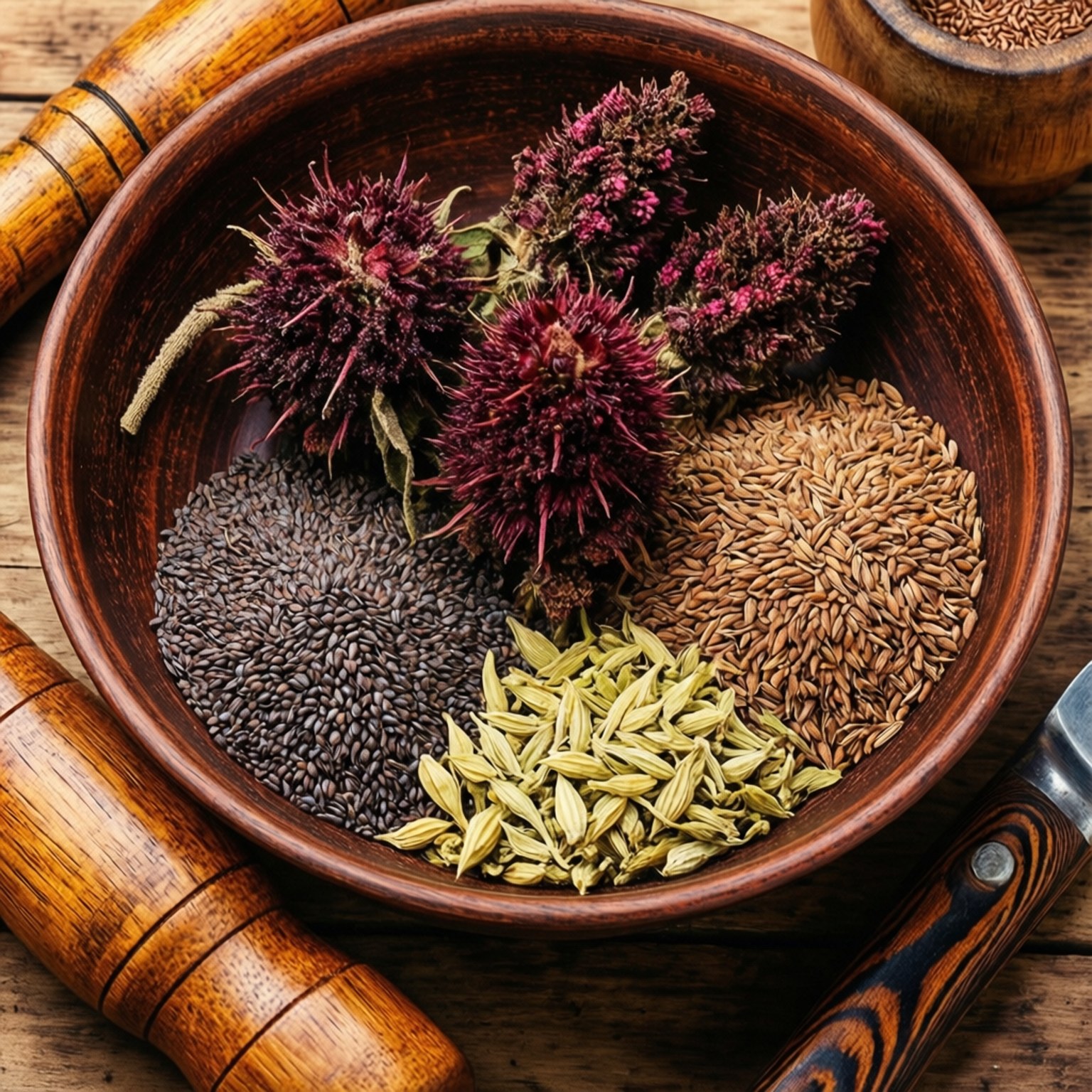 Herbal Colon Remedies 壁紙 — 一個質樸的木碗盛載著鮮豔的紫色莧菜花、深色亞麻籽、金色茴香籽和棕色小茴香籽，整齊地排列在風化的木桌上。