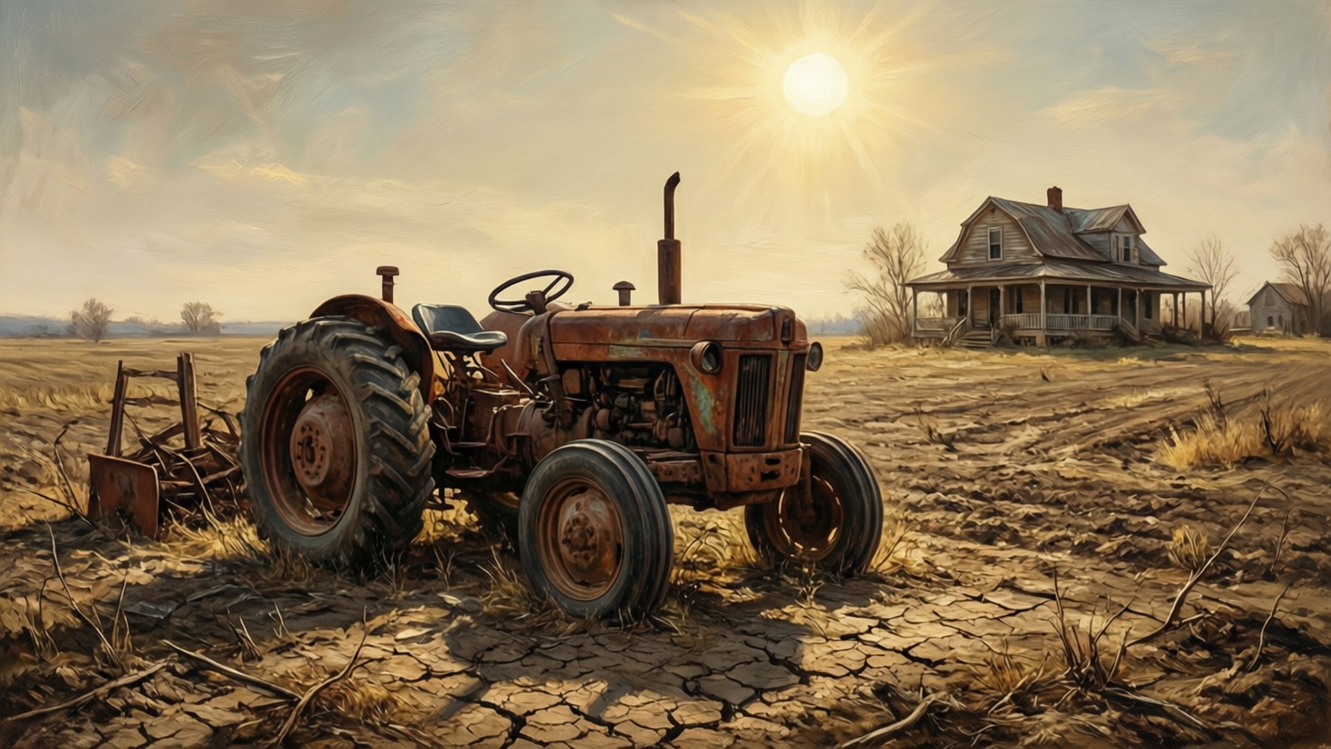 The Great Depression 桌布 壁紙 — 一架生鏽的拖拉機被遺棄在龜裂的土地上，烈日當空，旁邊是一座歷經風霜的農舍。