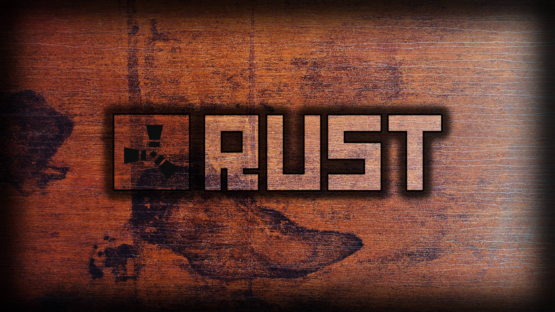 Rust 遊戲標誌，背景為帶有深色污漬的破舊木質表面。